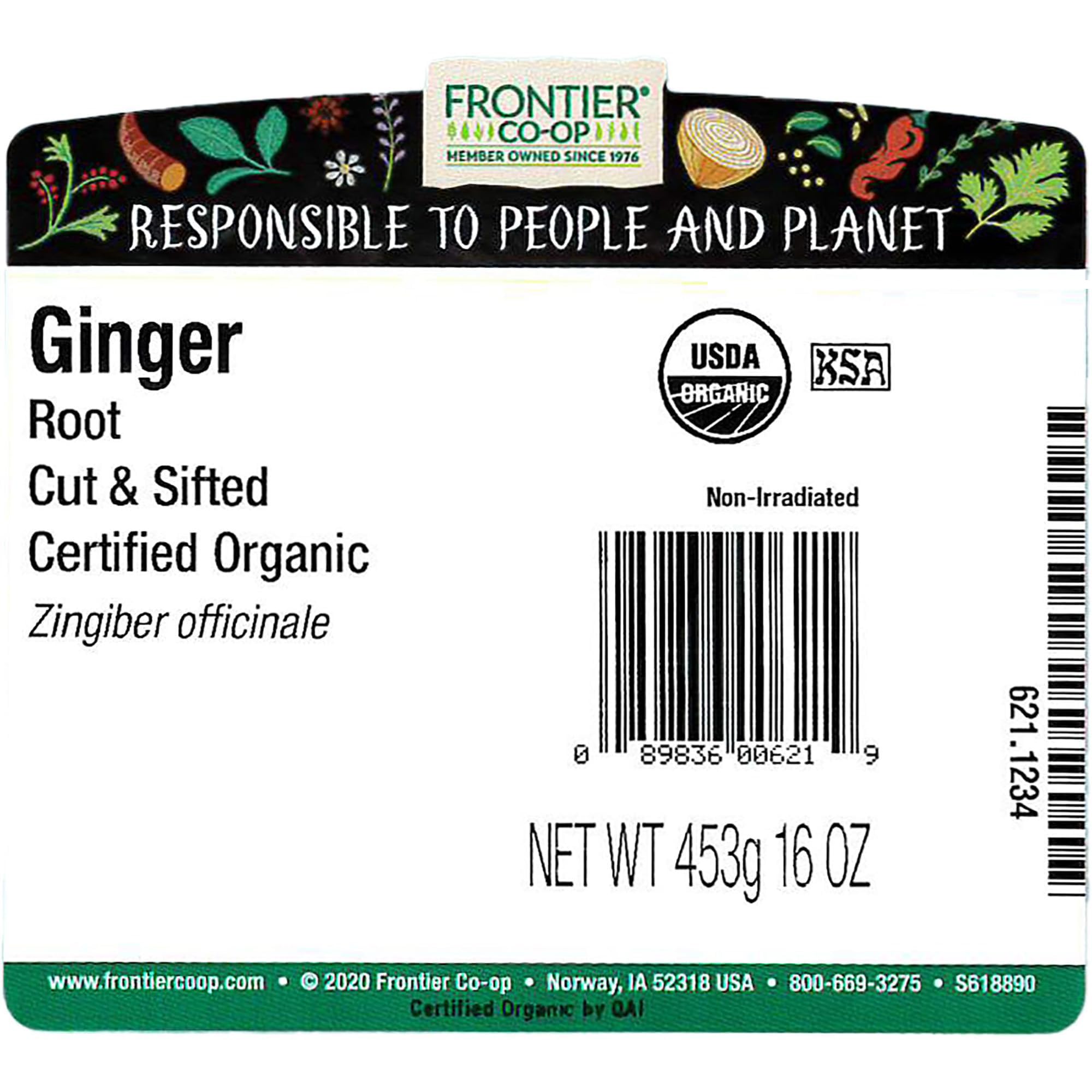 Close-up of Frontier Cut and Sifted Ginger Root in 16 oz packaging