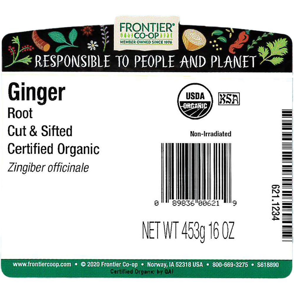 Close-up of Frontier Cut and Sifted Ginger Root in 16 oz packaging