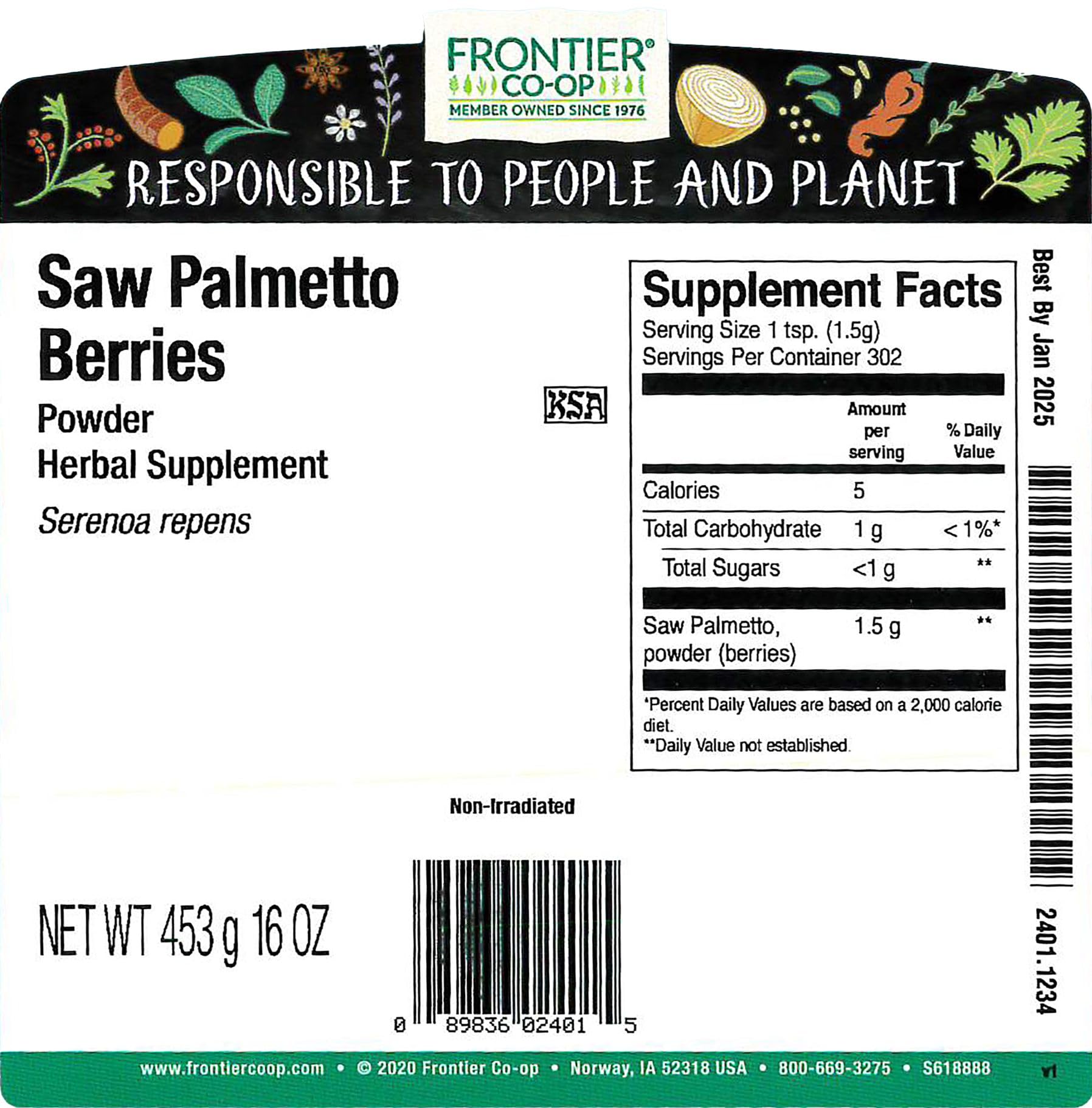 Bulk packaging for Frontier Saw Palmetto Berries Powder