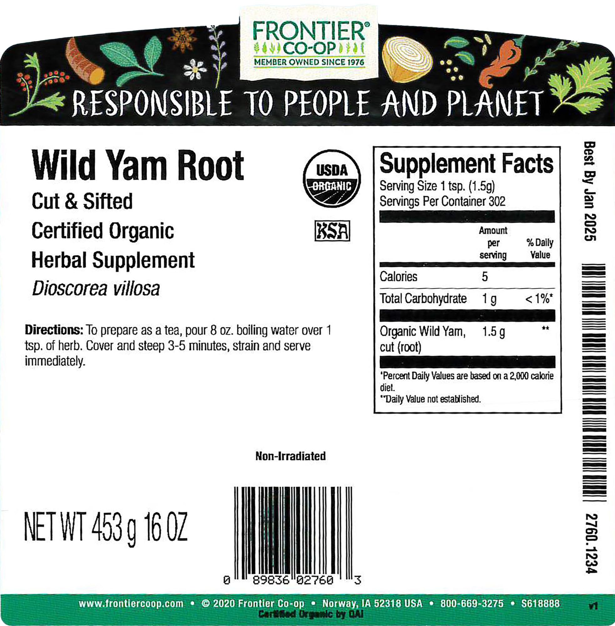 Organic wild yam root in 1 lb bulk bag