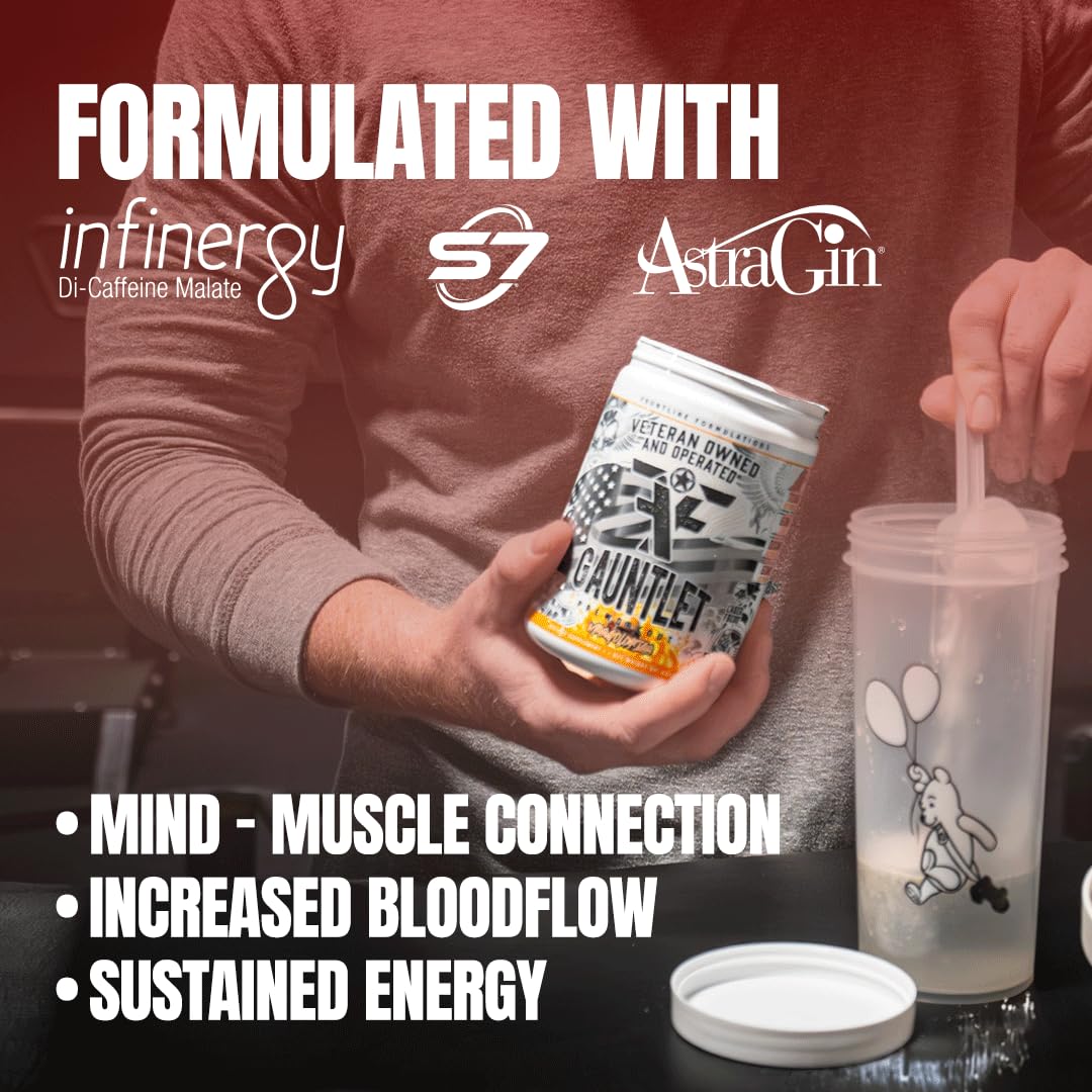 Frontline Formulations Gauntlet can front displays energy-boosting formula for intense workouts.