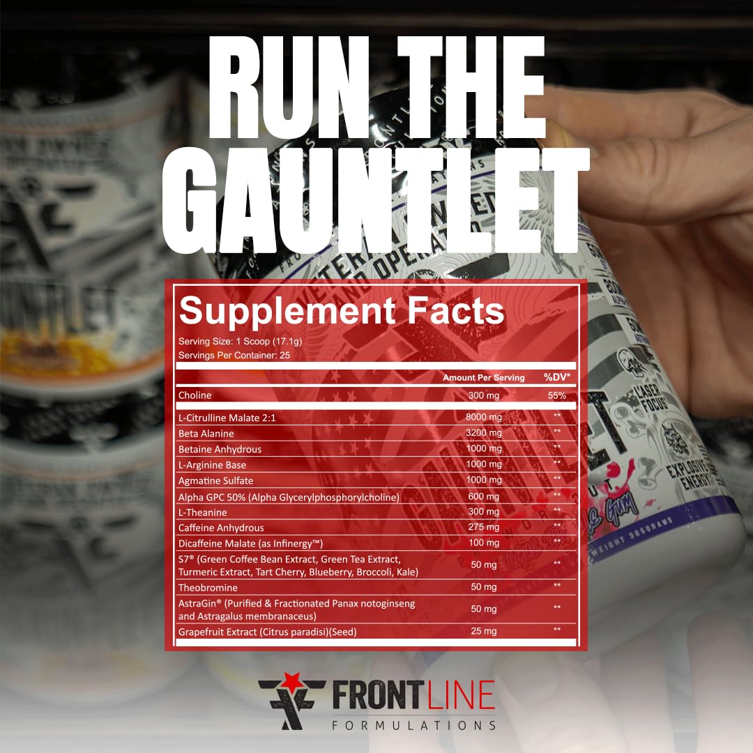Frontline Formulations Gauntlet gym-scene shot suggests laser focus during workouts.