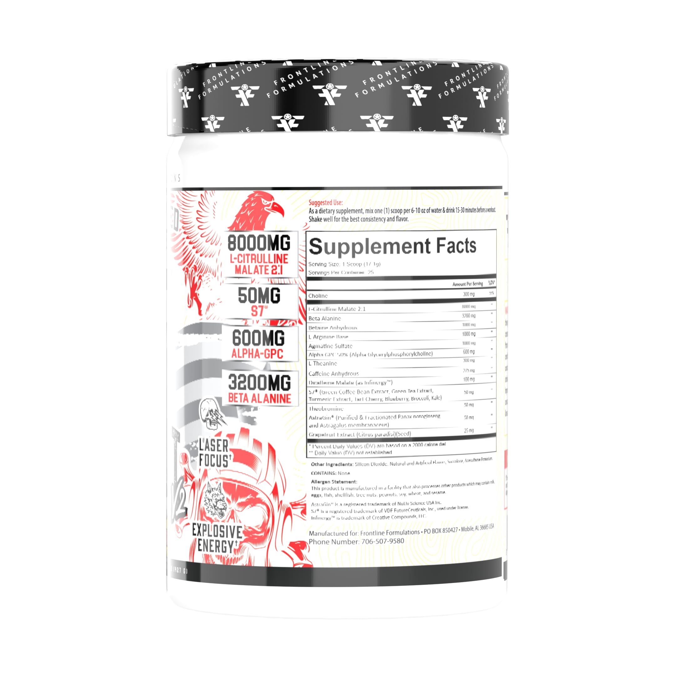 Frontline Formulations Gauntlet ingredient label highlights citrulline malate and caffeine.
