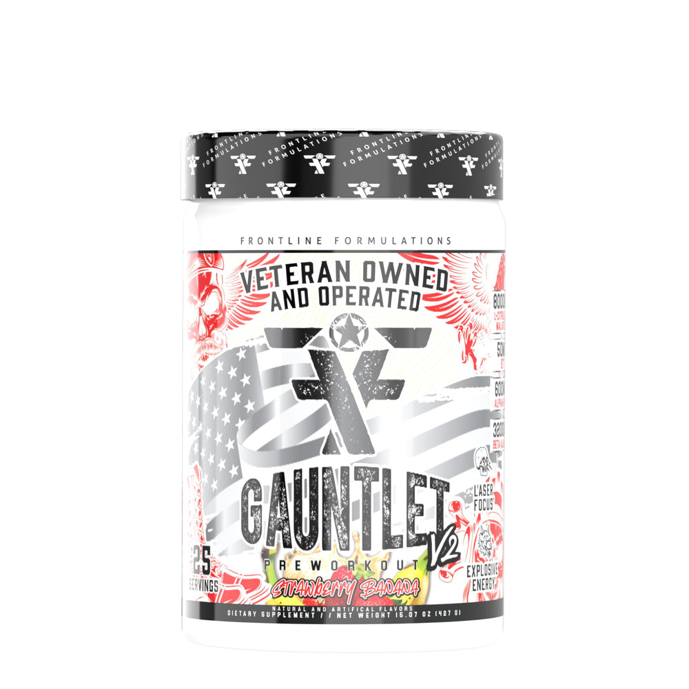 Frontline Formulations Gauntlet powder scoop ready for an energized pre-workout session.
