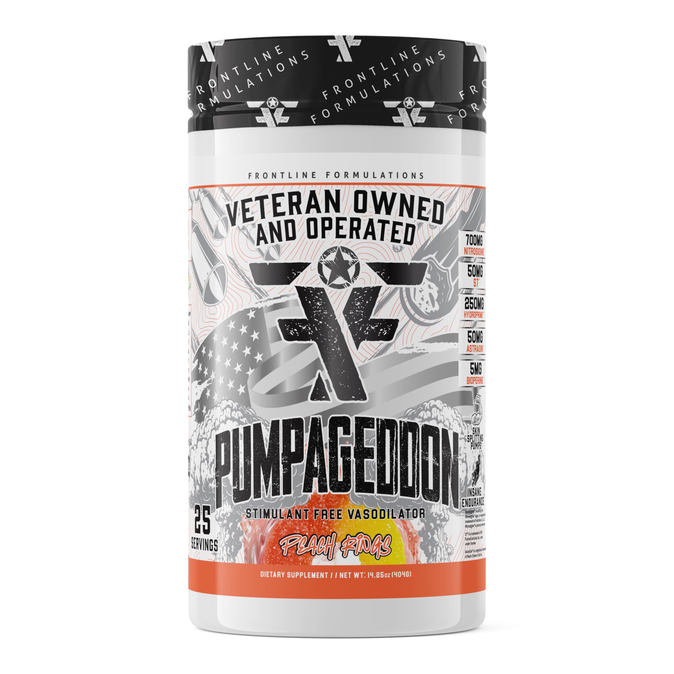 Frontline Formulations Pumpageddon tub front for explosive workouts in a non-stim pre-workout.