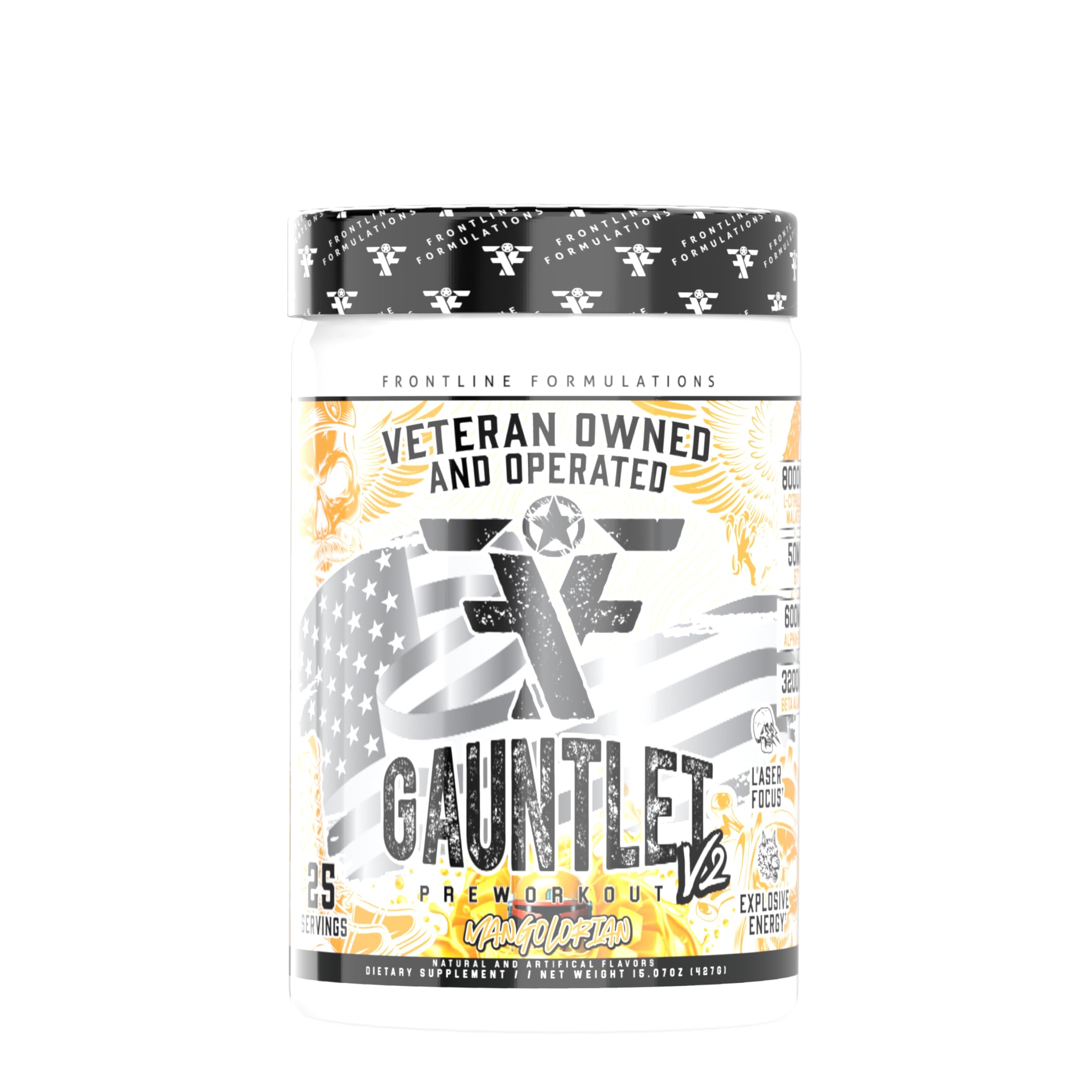 Frontline Formulations Gauntlet tub label demonstrates premium packaging for quick pre-workout access.