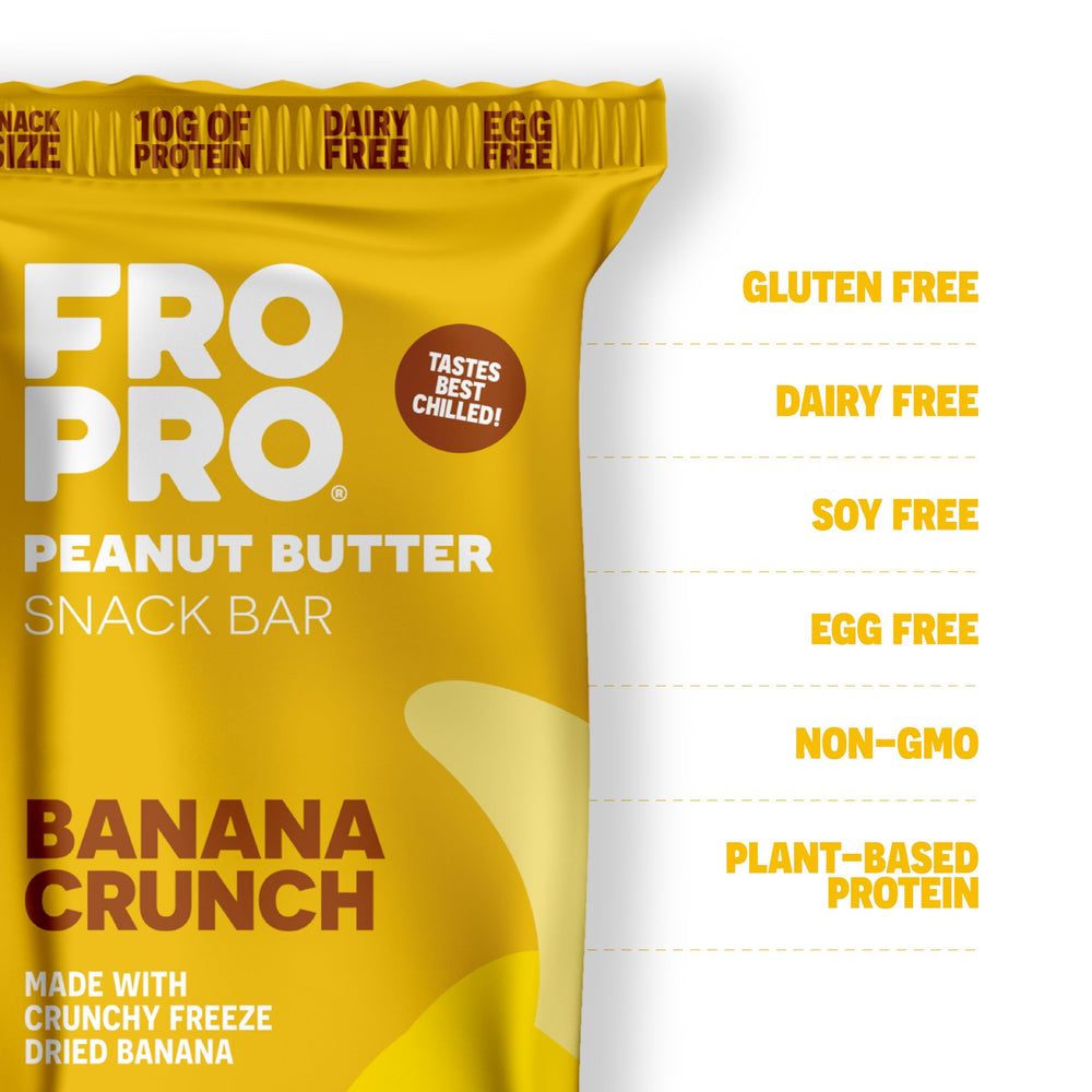 FRO PRO Banana Crunch close-up highlights organic ingredients and creamy peanut butter