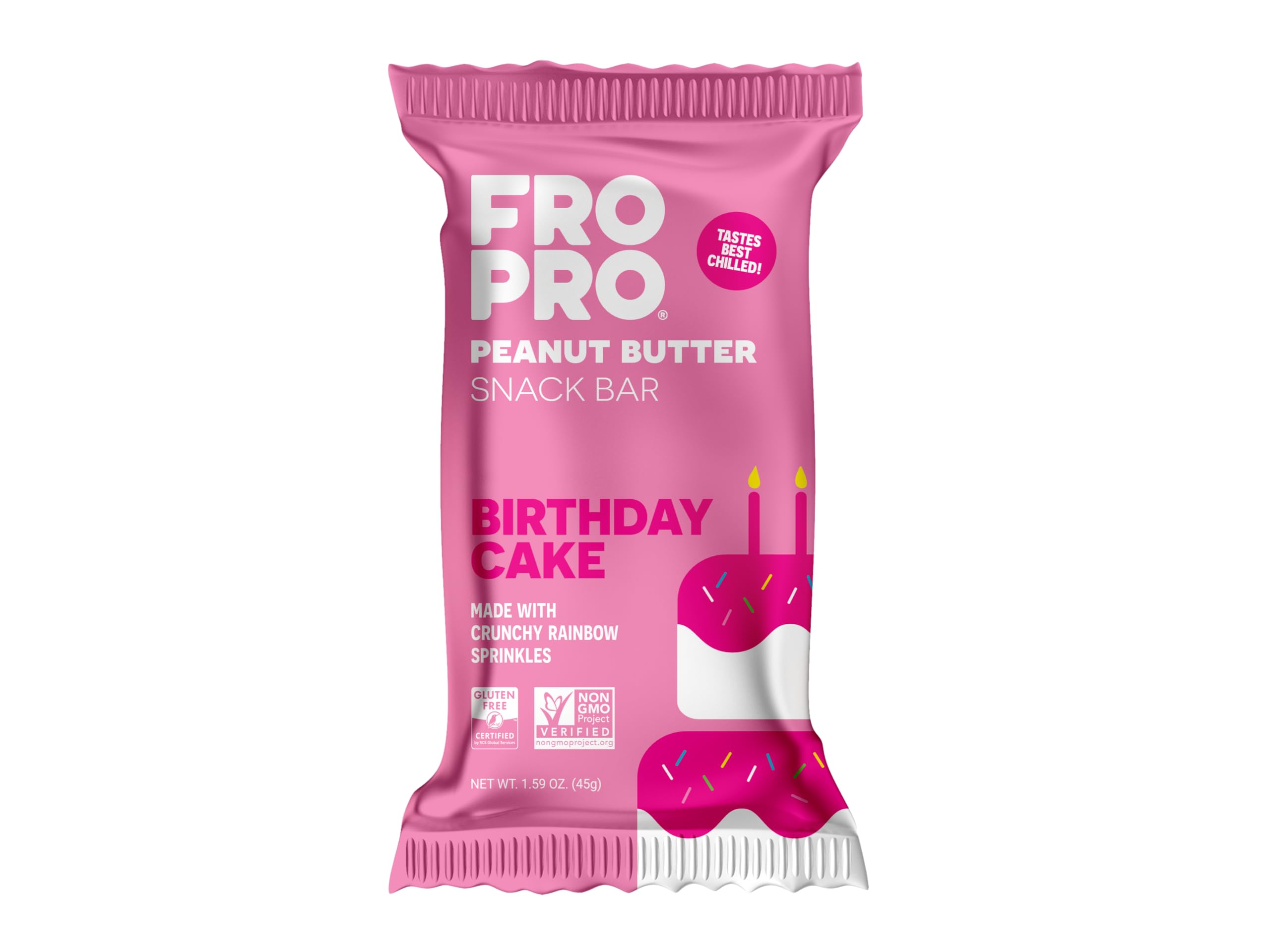 FROPRO birthday cake bar package for on-the-go protein snacking.