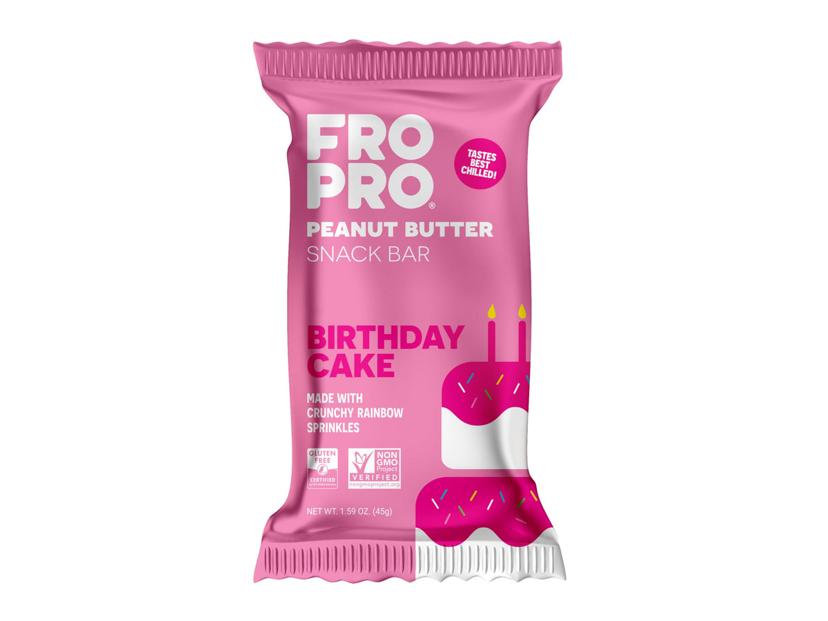 FROPRO birthday cake bar package for on-the-go protein snacking.
