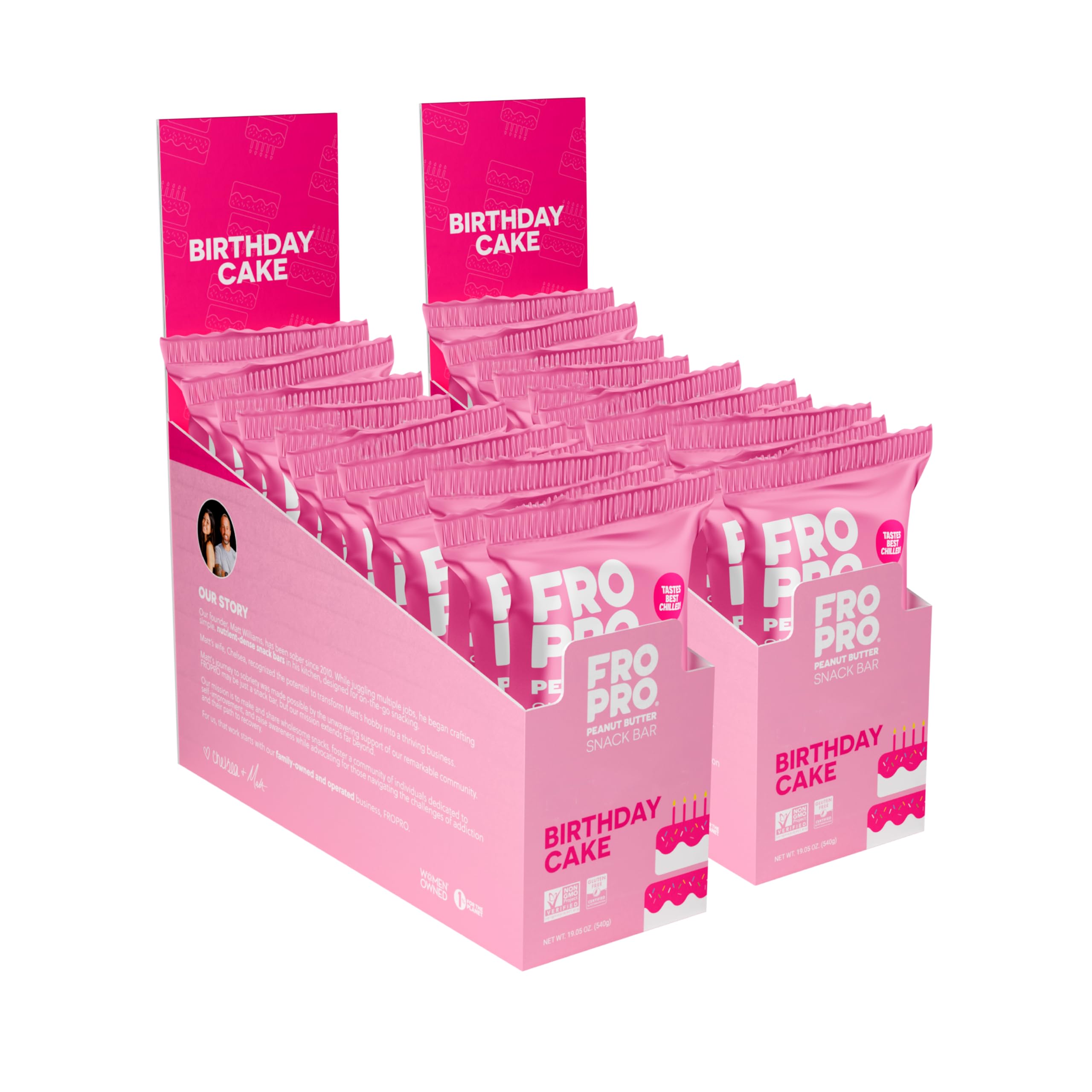 FROPRO Birthday Cake snack bar 24-pack on shelf for quick high-protein energy.