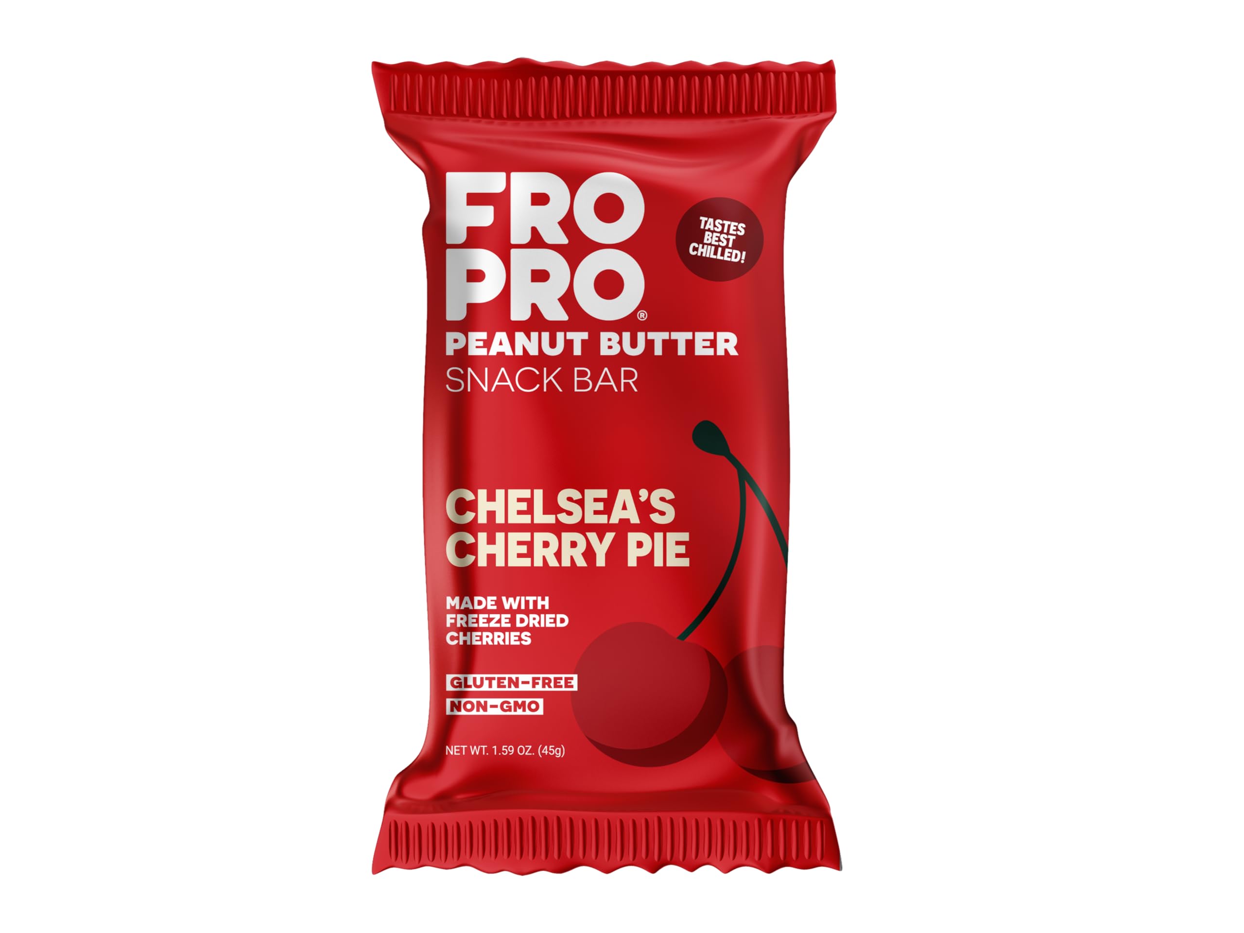 FRO PRO Chelsea's Cherry Pie bar pack shot, gluten-free, protein-rich on-the-go snack.