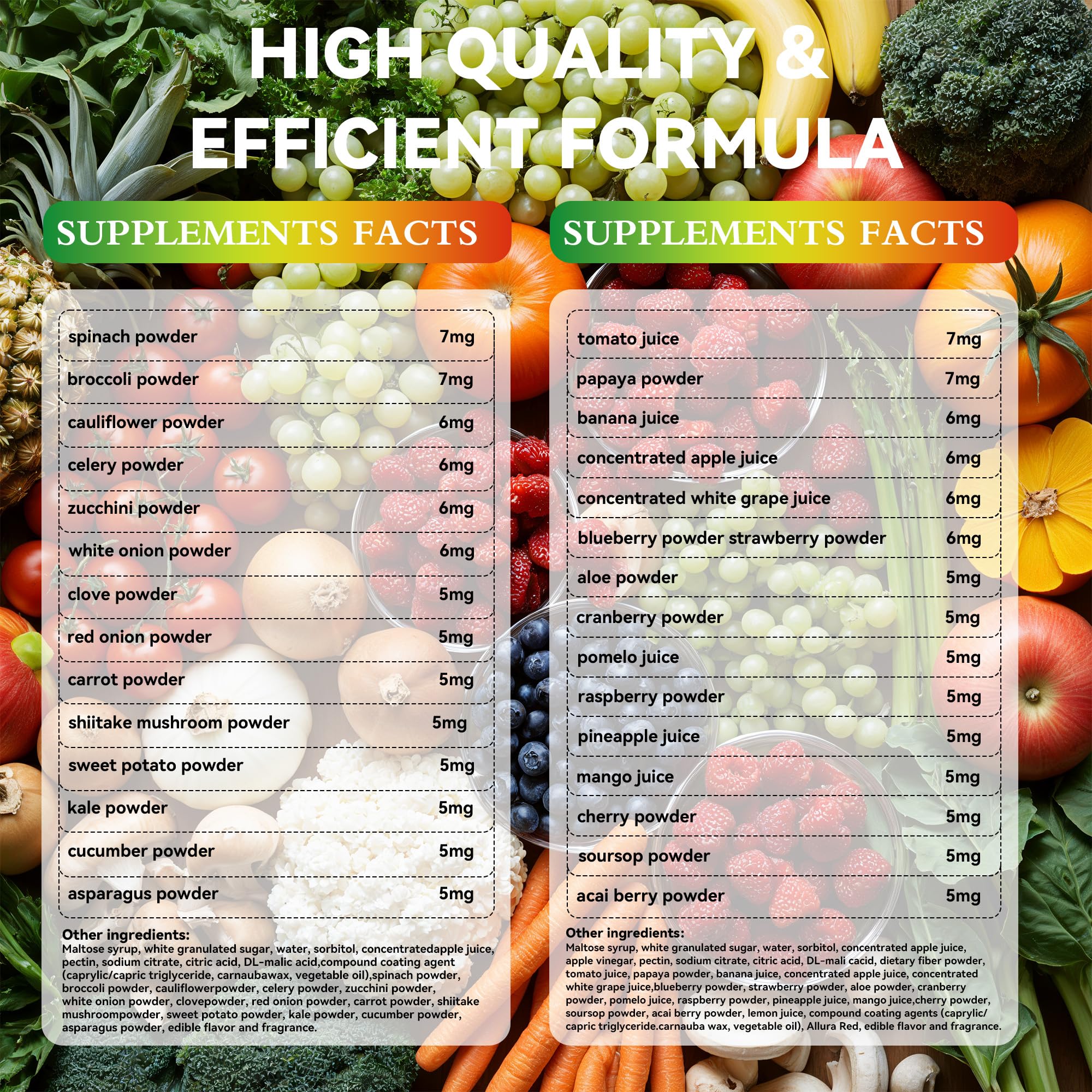 Close-up of sugar-free gummies featuring 30+ fruits and vegetables