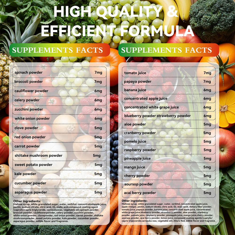 Close-up of sugar-free gummies featuring 30+ fruits and vegetables