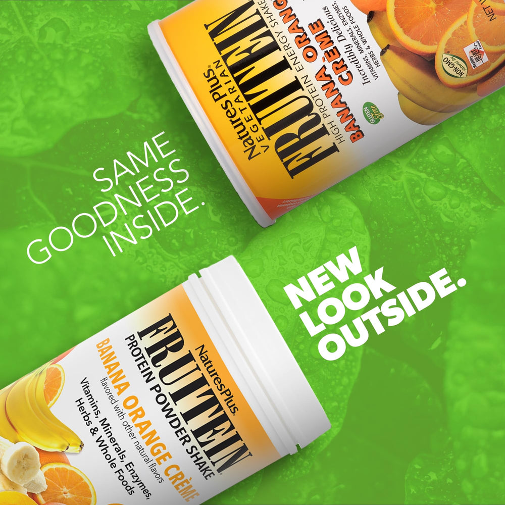 FRUITEIN Banana Orange Creme Shake label showing vitamins