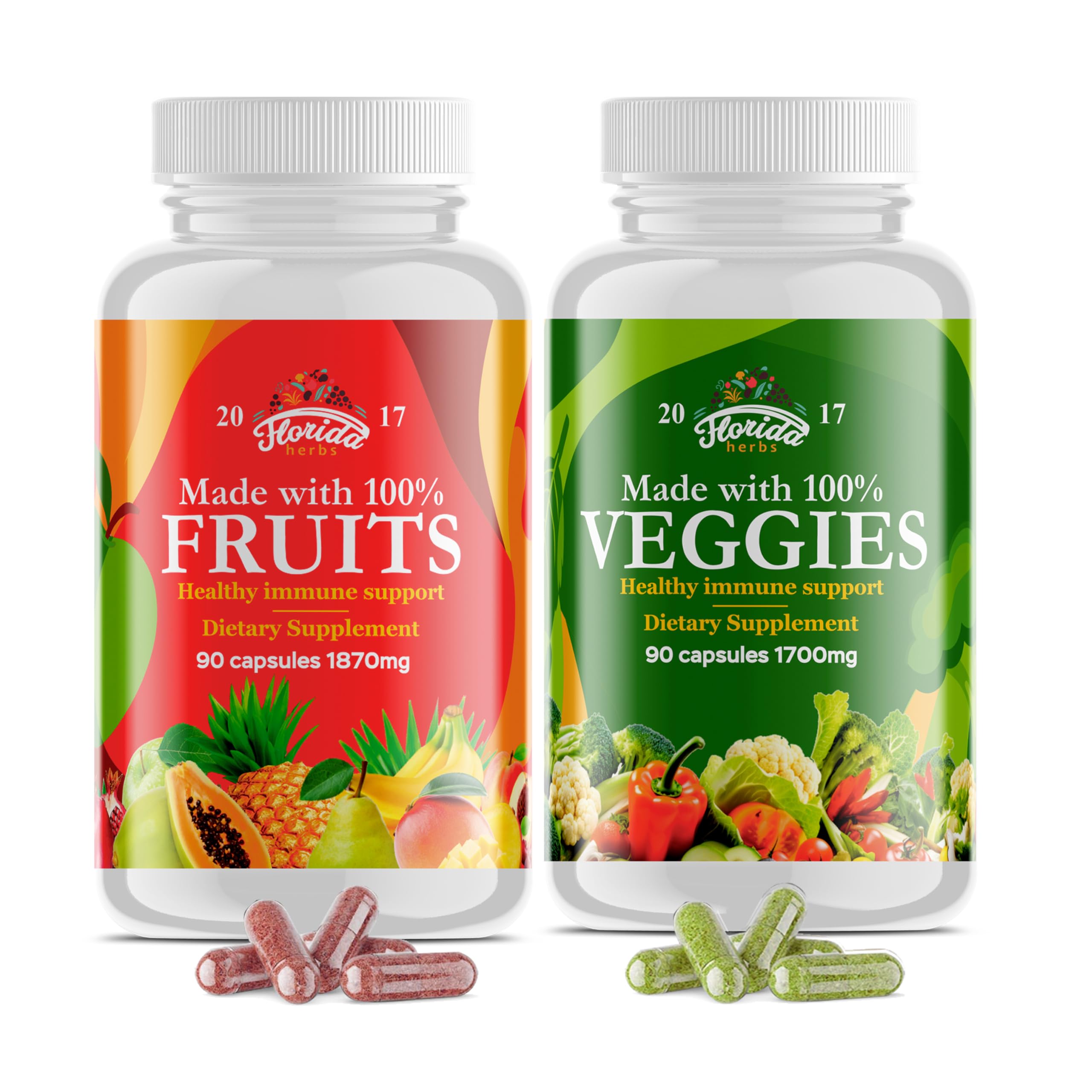 Hero image of Fruits and Vegetables Supplement bottles with 90 fruit capsules and 90 veggie capsules (pack of 2)