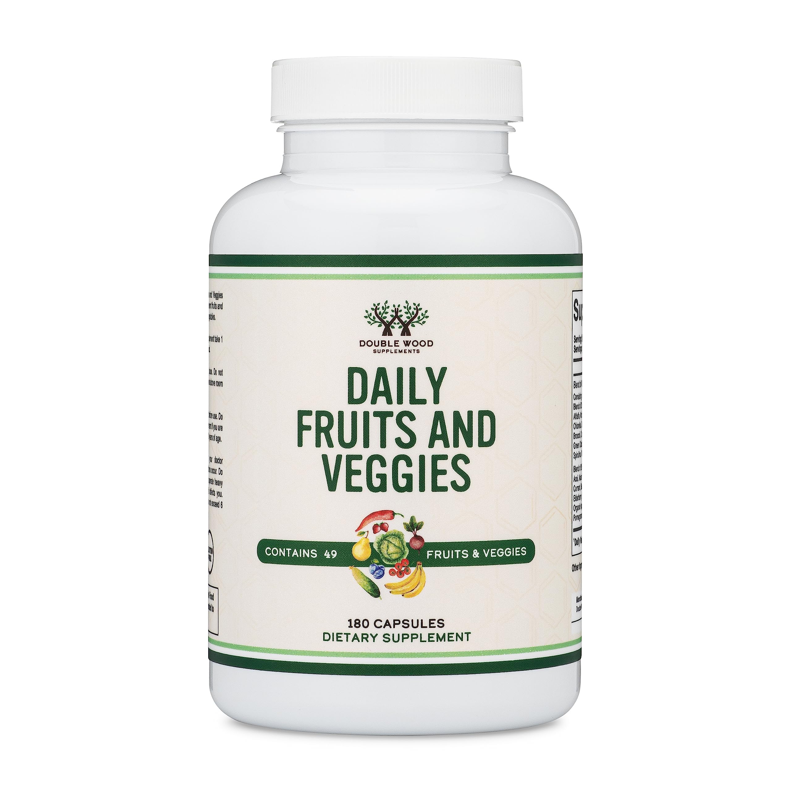 Double Wood Fruits and Veggies supplement bottle with 180 capsules