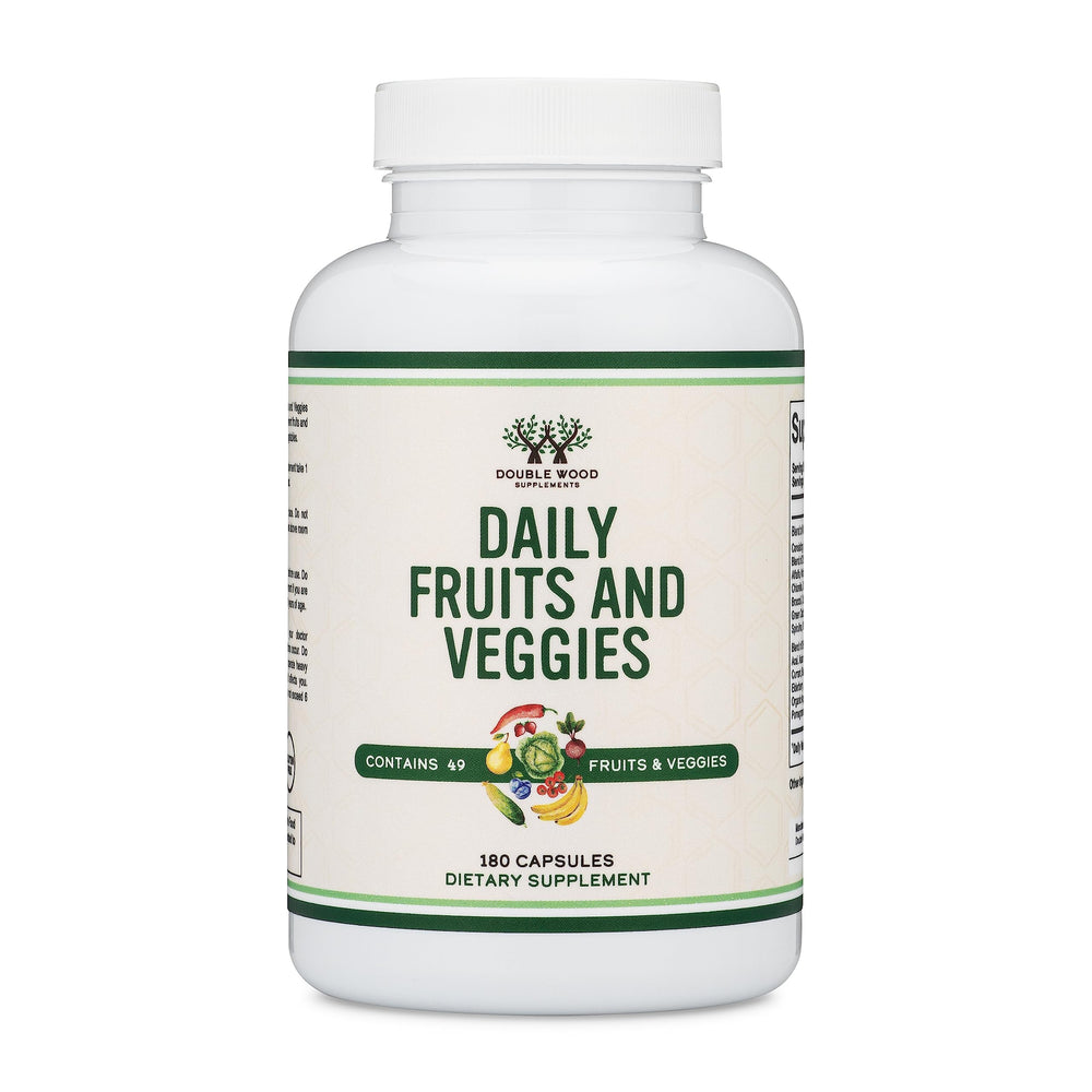 Double Wood Fruits and Veggies supplement bottle with 180 capsules