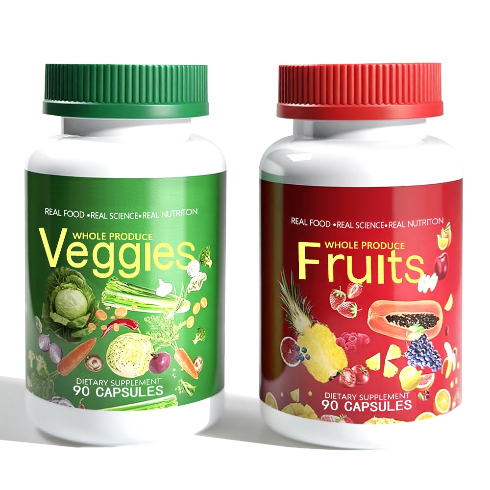 Bottle of Fruits and Veggies Supplements with 90 fruit capsules and 90 veggie capsules