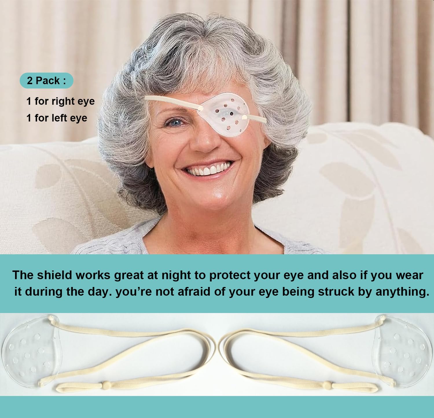 Ventilated eye shield design with beige adjustable elastic strap