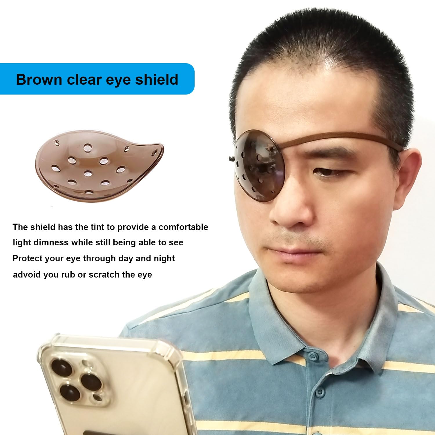 Dark color eye shield with adjustable strap for nighttime use