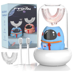 FTOYIN Kids Electric Toothbrush with U-shaped head and four brush heads on display