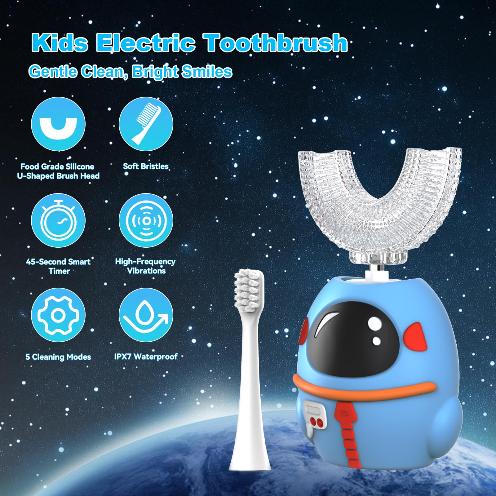 Close-up of U-shaped brush head designed for 360-degree cleaning