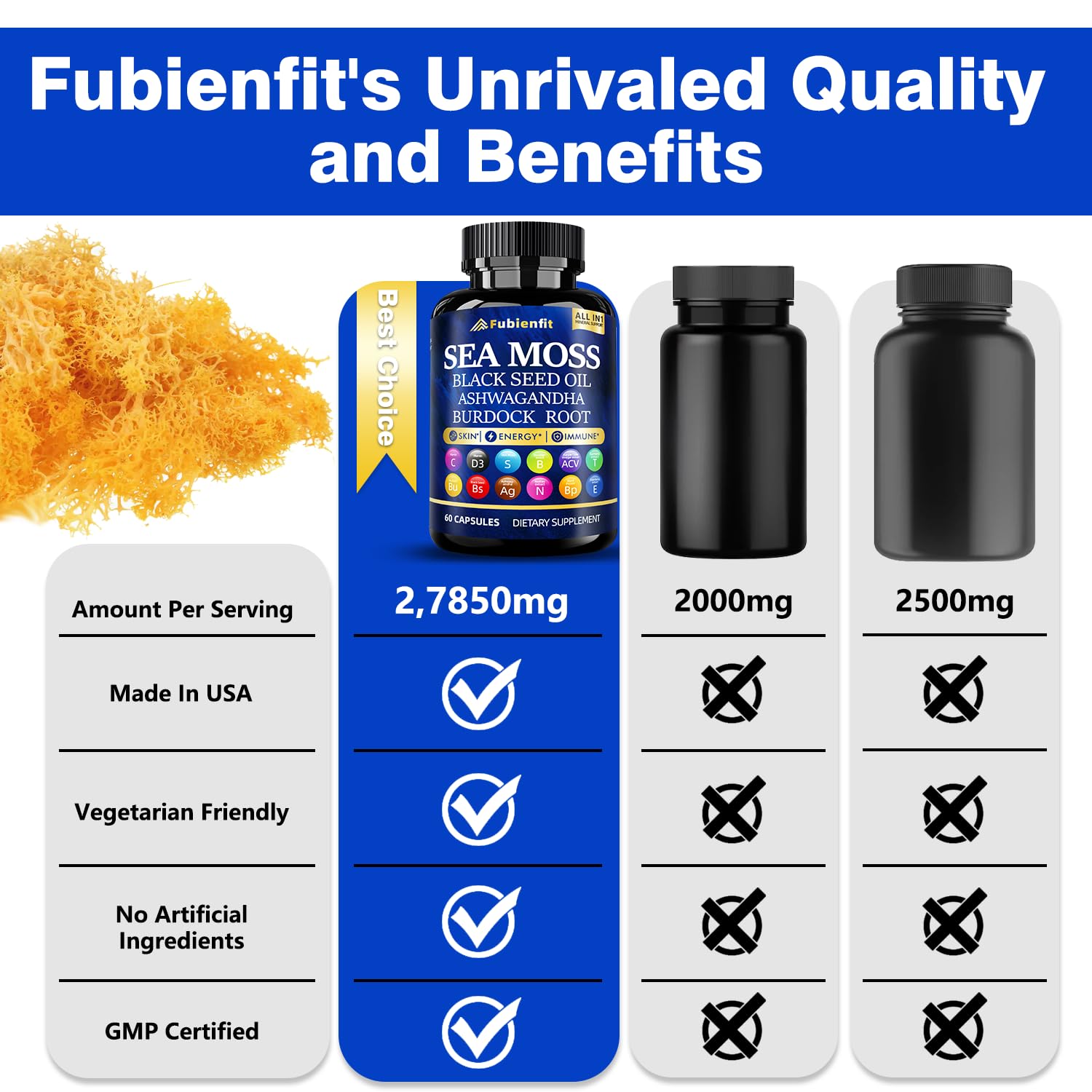 Non-GMO, gluten-free, vegan packaging for sea moss capsules