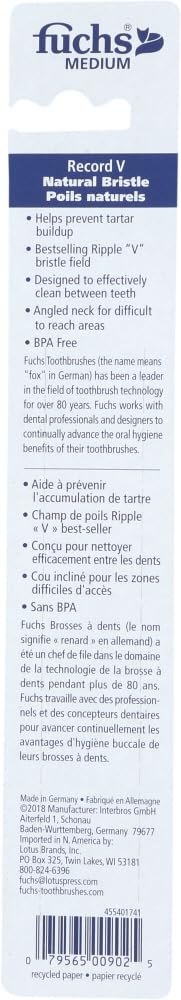 Close-up of Record V bristles on Fuchs toothpaste toothbrush