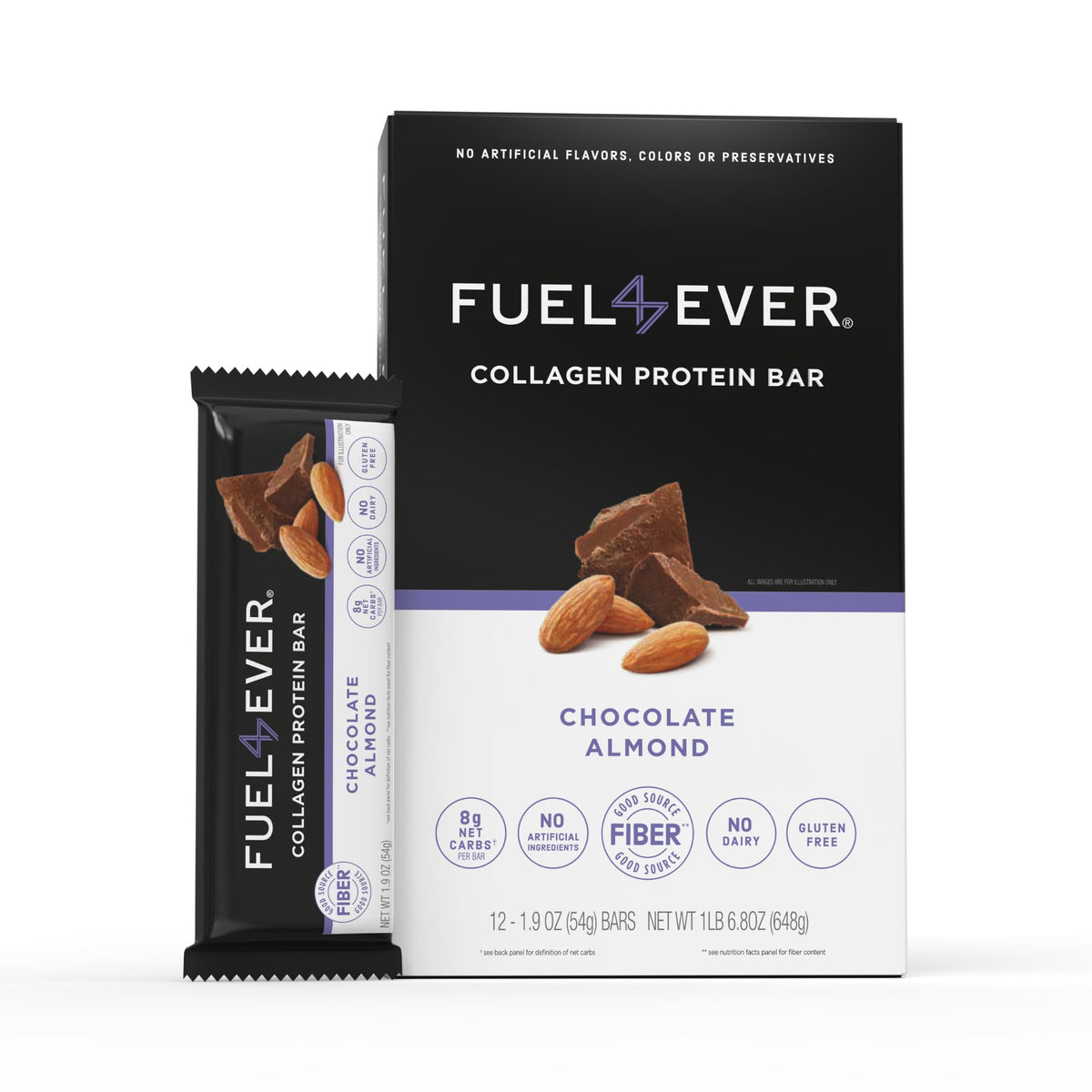 Fuel 4 Ever Chocolate Almond bar packaging highlights clean-label ingredients for busy days.