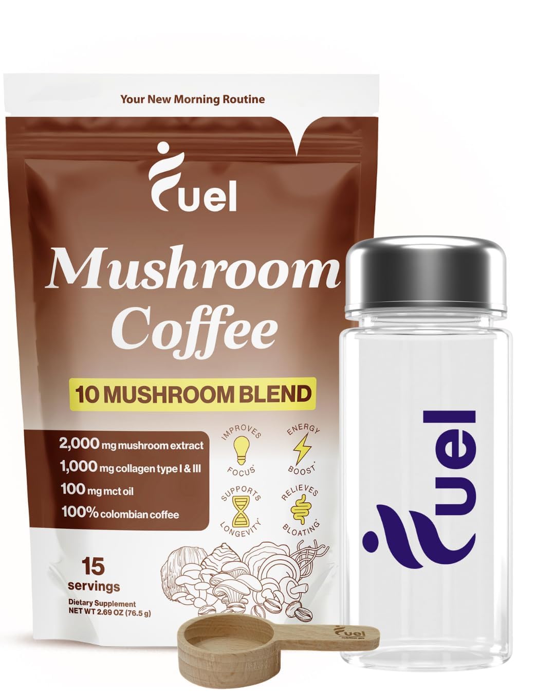 Fuel Brain Boost Mushroom Coffee bottle and scoop with organic Lion's Mane and Chaga for gut health and focus