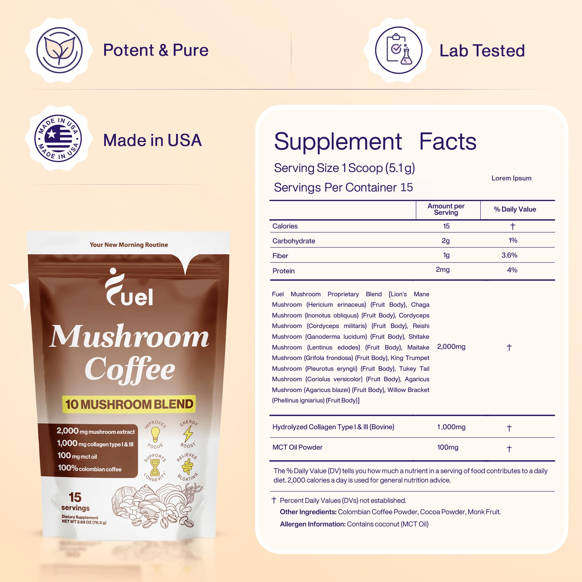 Low caffeine organic instant mushroom coffee with 40 mg caffeine