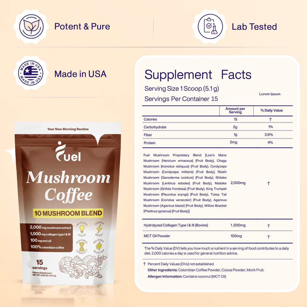 Low caffeine organic instant mushroom coffee with 40 mg caffeine