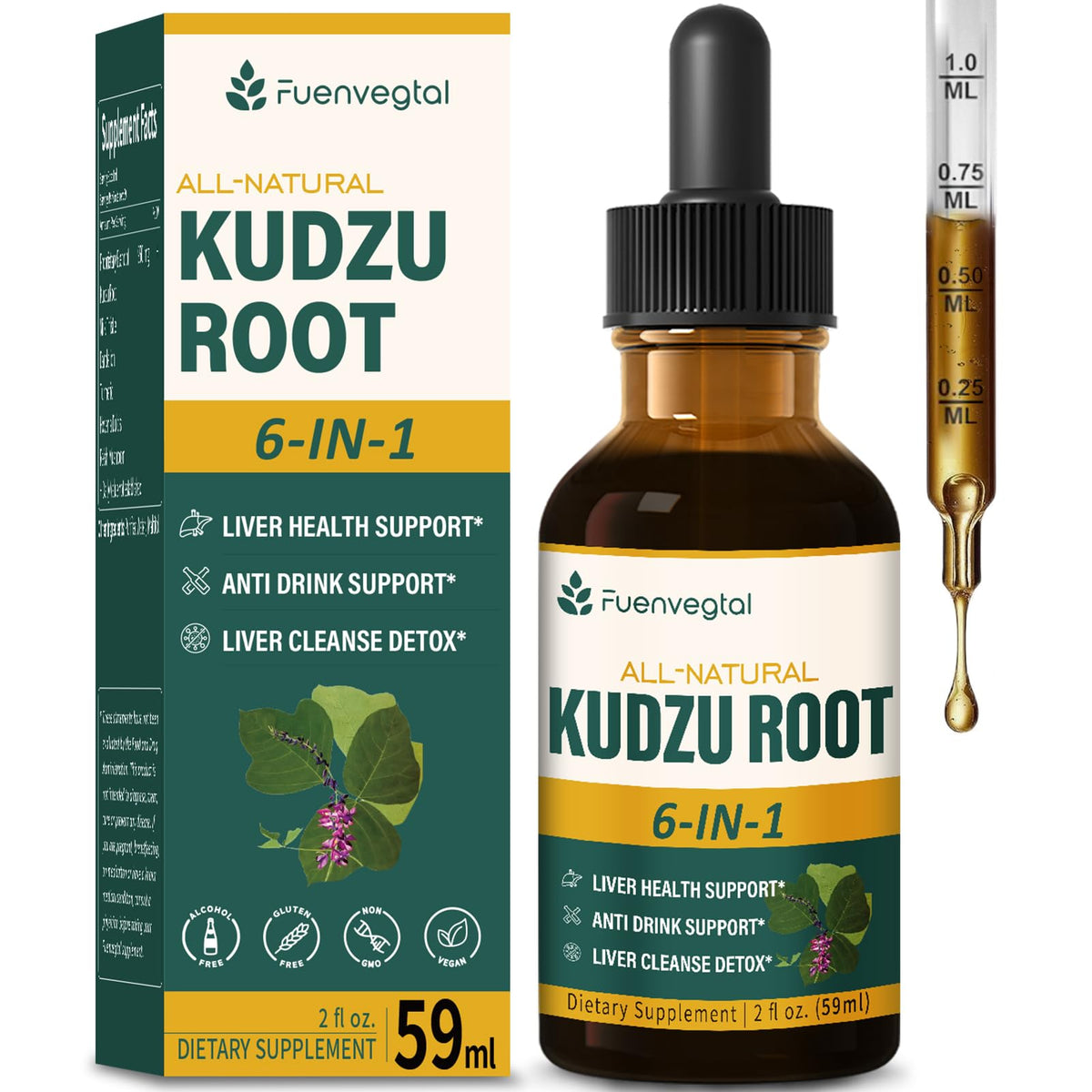 Fuenvegtal Kudzu Root Extract Drops bottle highlights the liver-supporting herbal blend.