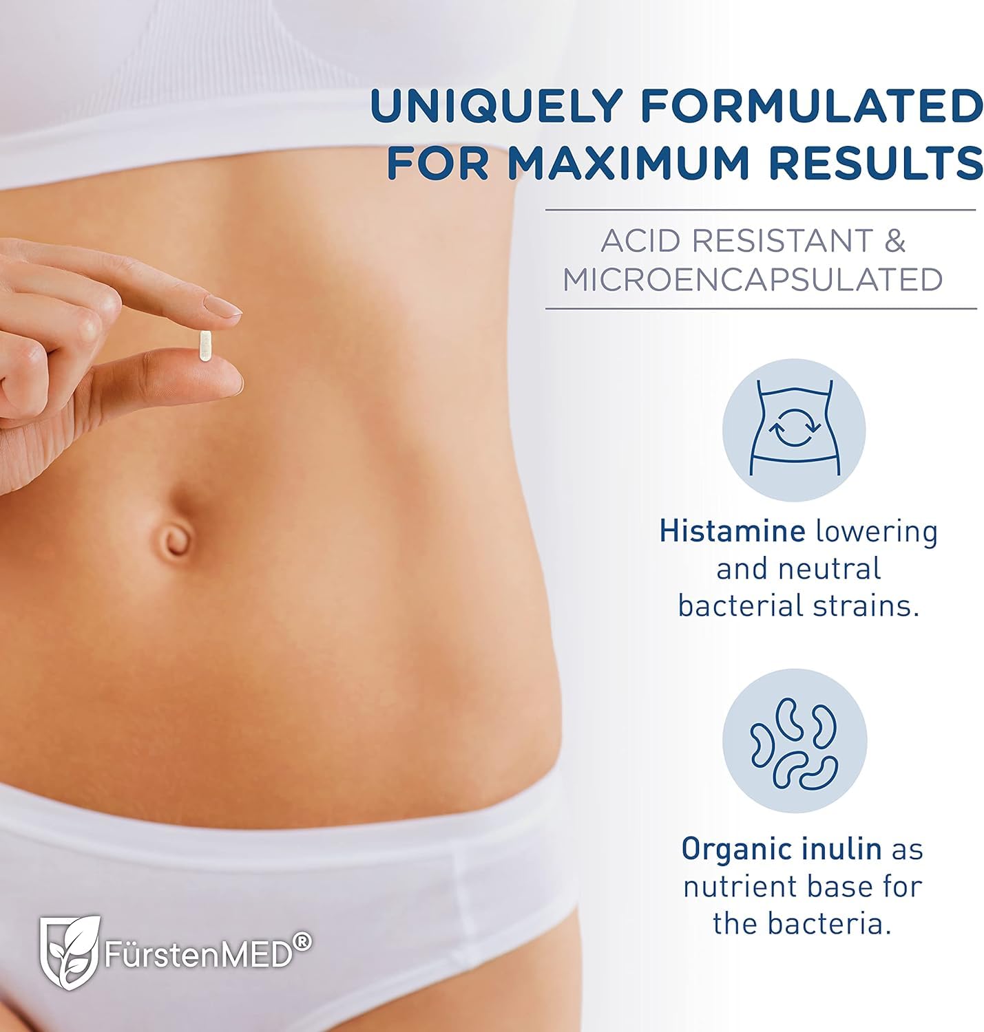 Graphic showing seven probiotic strains: Lactobacillus gasseri, rhamnosus, salivarius and Bifidobacterium longum, infantis, breve, bifidum.