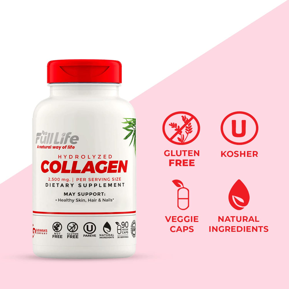 Close-up of Full Life collagen bottle label showing 2,500 mg per serving