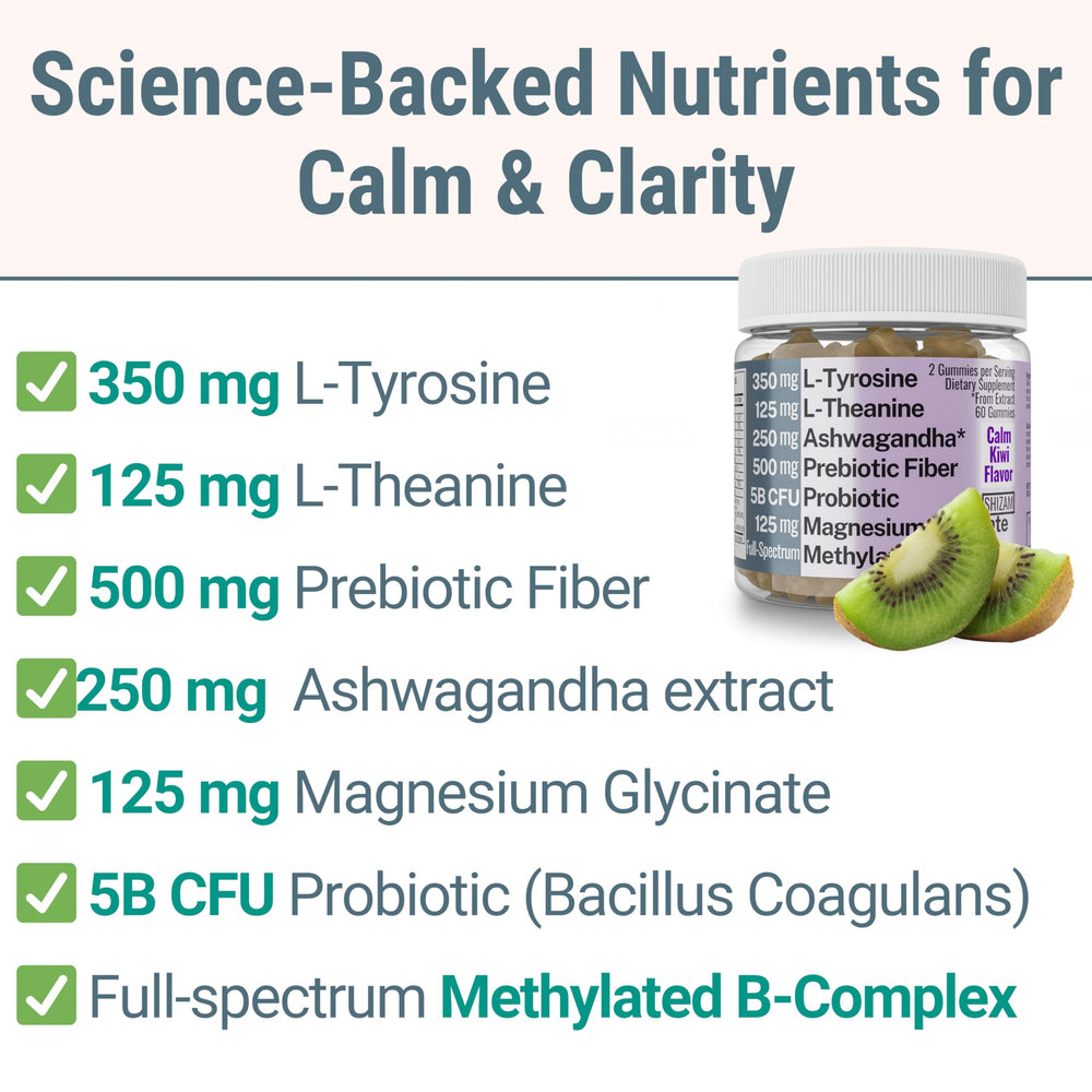 L-Tyrosine and L-Theanine for focus and calm support.
