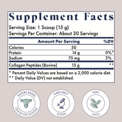 Nutrition label highlighting 15g Type I and III collagen and 19 amino acids