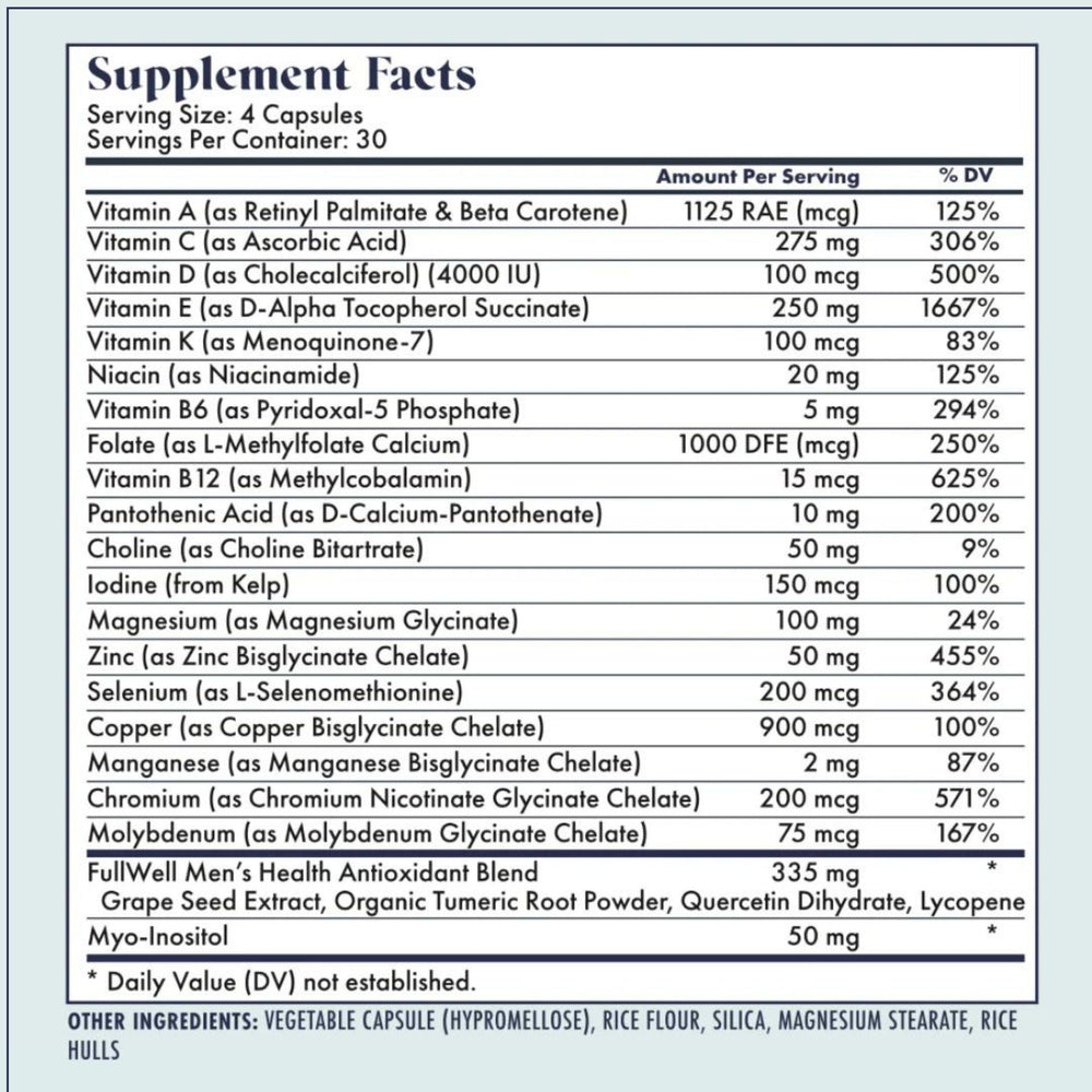 Close-up of the FullWell Men's Daily Multivitamin bottle
