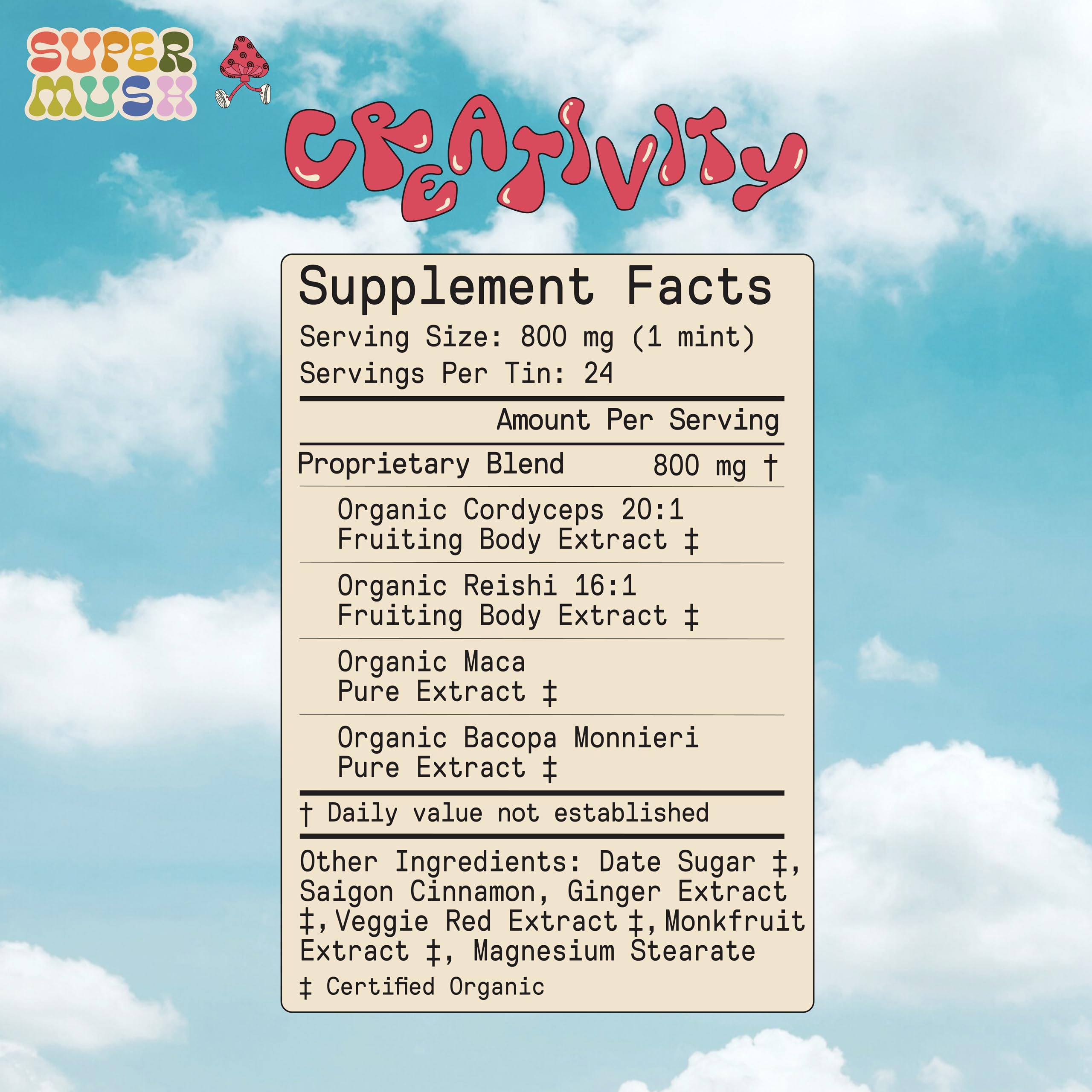 Organic, non-GMO, additive-free claim for SuperMush mushroom mints