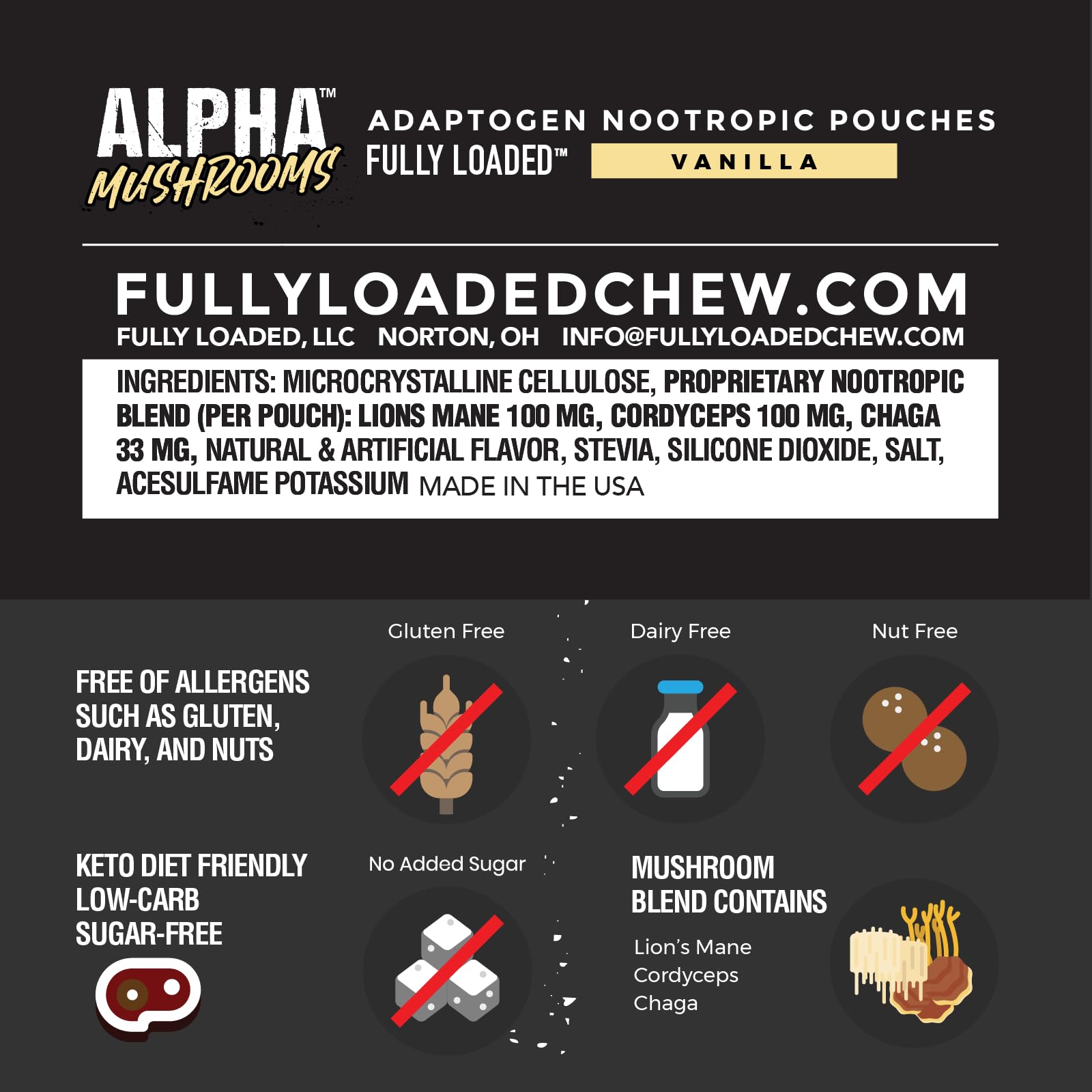 Side view of Fully Loaded Alpha Mushroom Pouches Vanilla 5-Pack