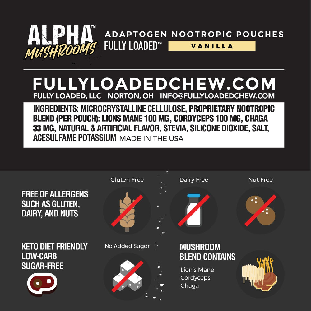 Side view of Fully Loaded Alpha Mushroom Pouches Vanilla 5-Pack