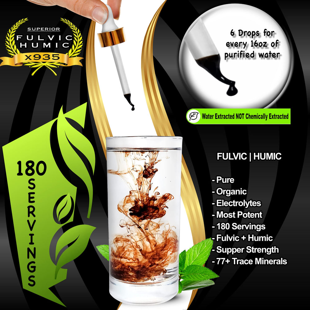 X935 Fulvic Humic Acid supplement bottle close-up