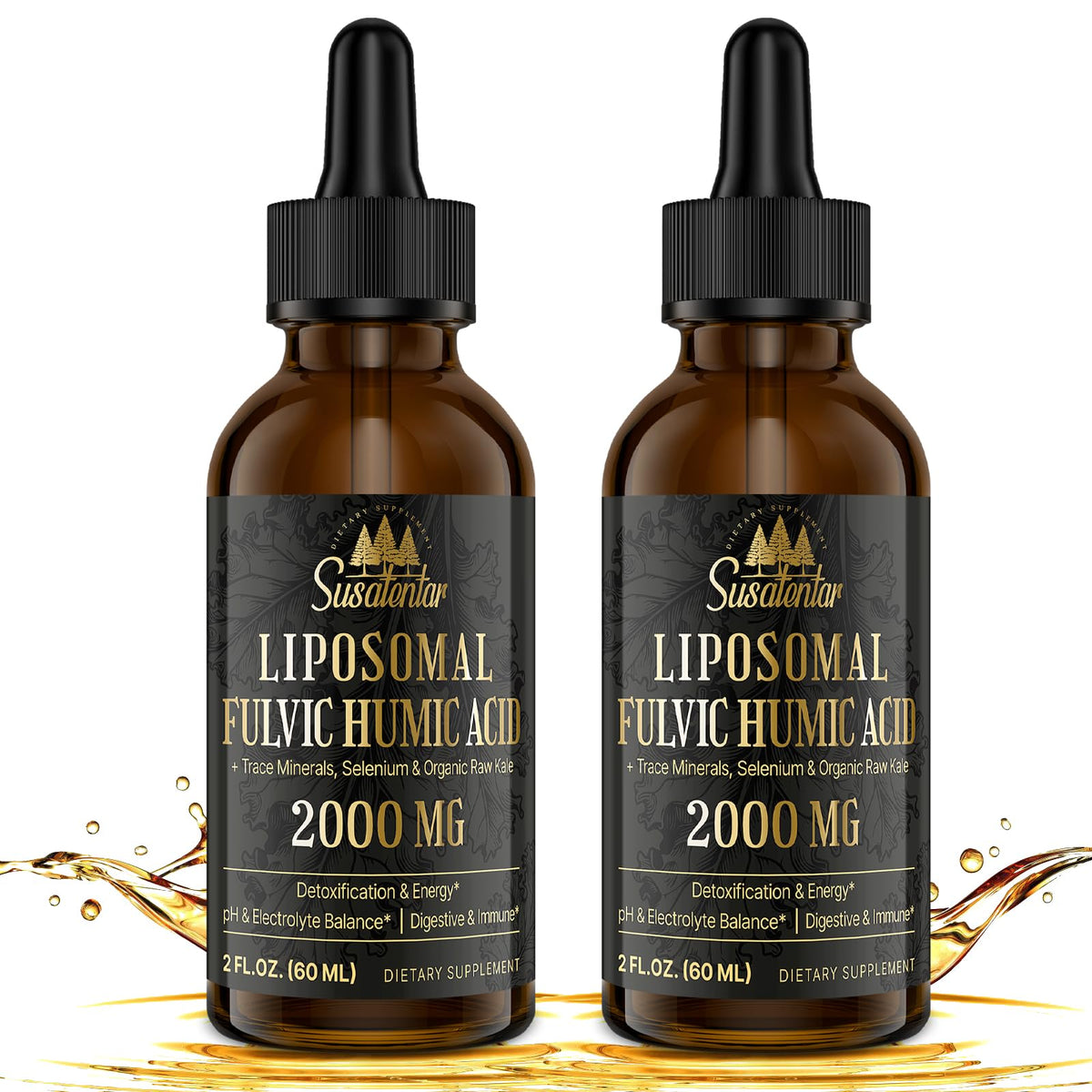 Front view of Susatentar 2000 mg liposomal fulvic and humic acid liquid complex bottle