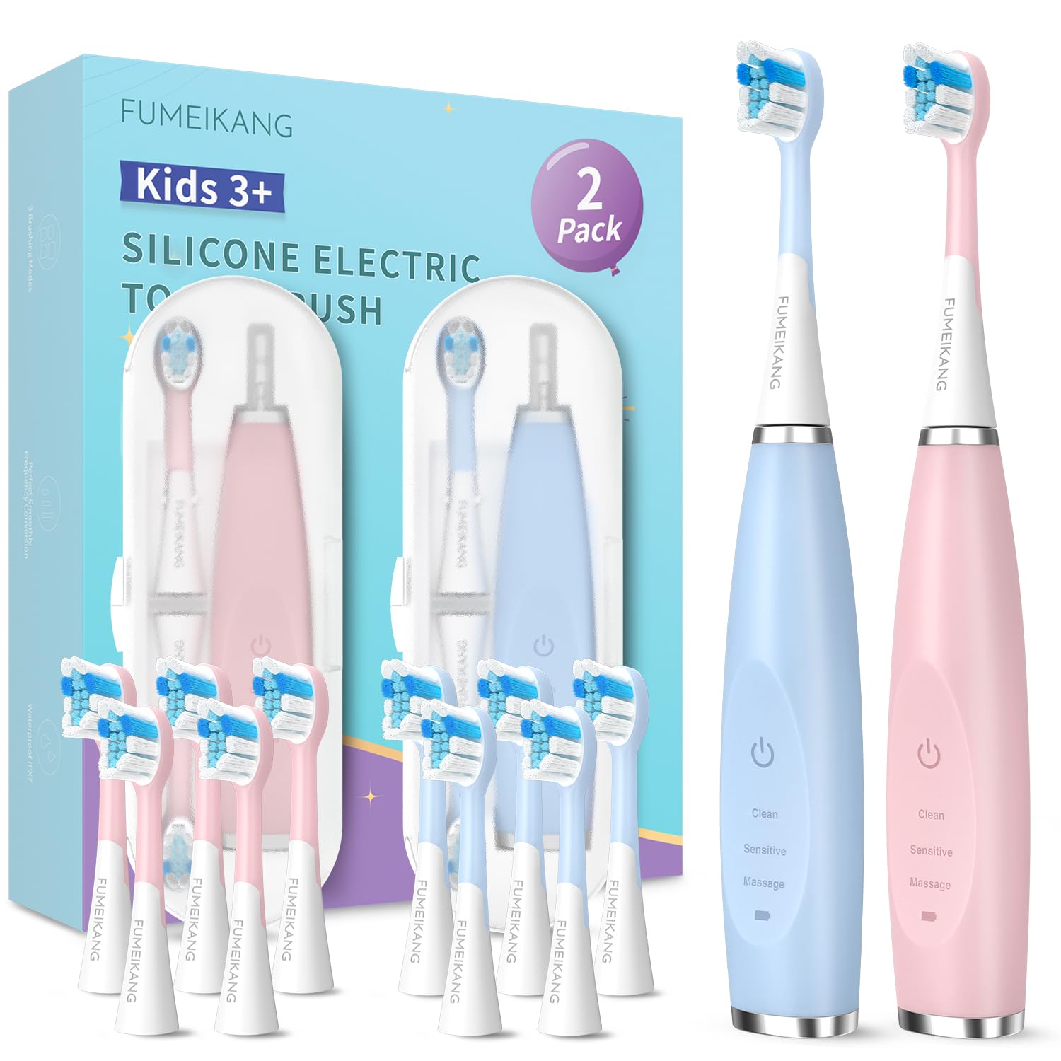 FUMEIKANG kids electric toothbrush blue and pink two-pack – front view