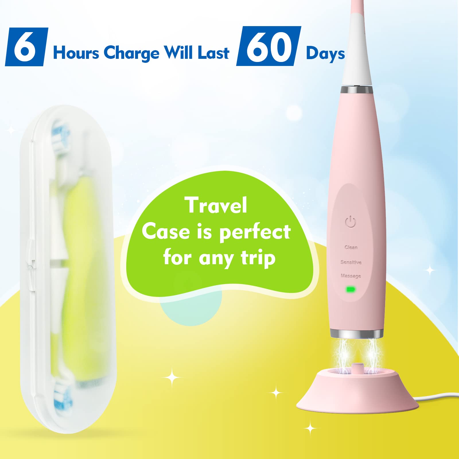 Package contents: toothbrush, charging base, six brush heads, travel case, user manual