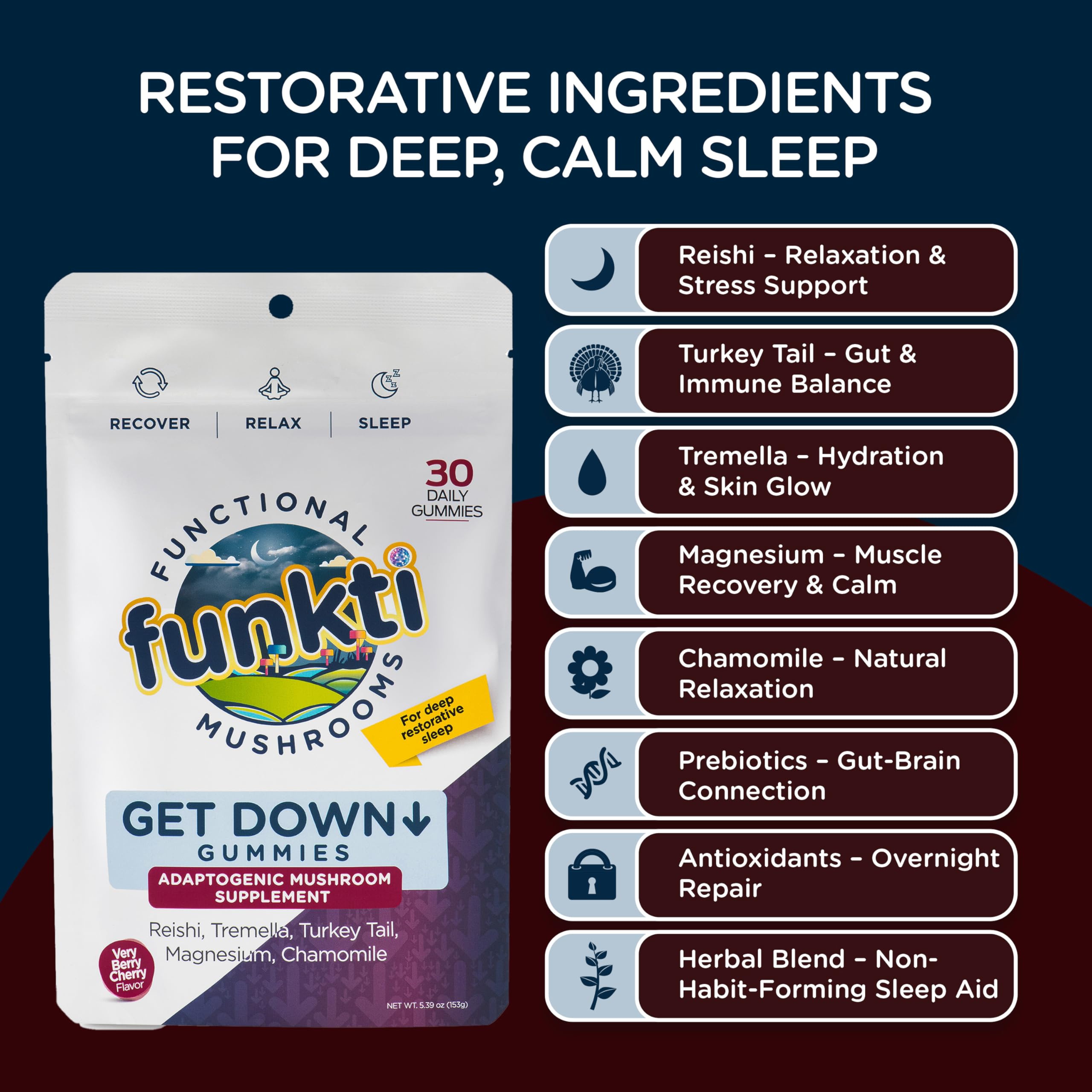 30-serving jar of Funkti Sleep Gummies with Get Down label