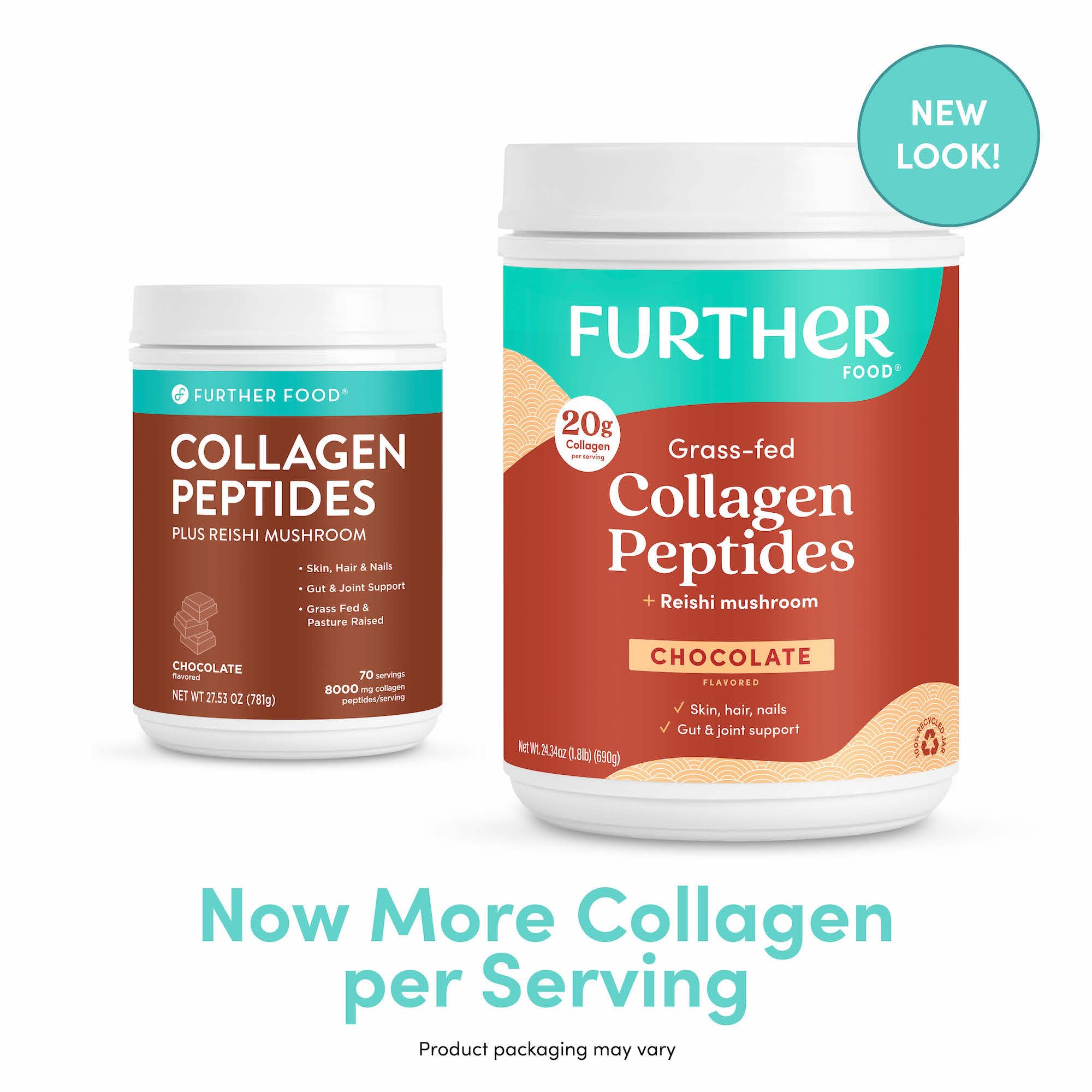 Packaging and jar of Further Food Chocolate Collagen Powder