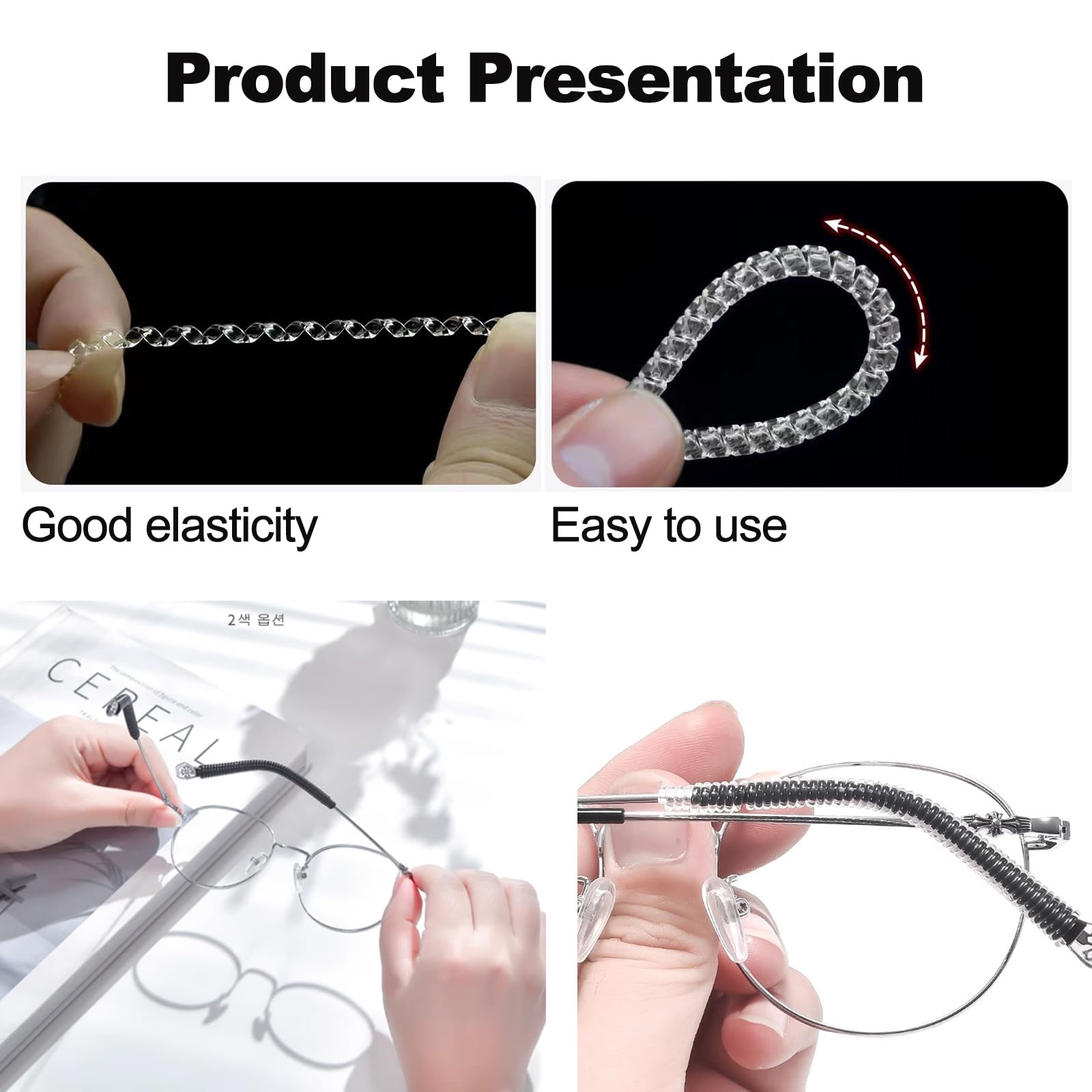 Non-slip ear cushion attached to temple tips on eyewear
