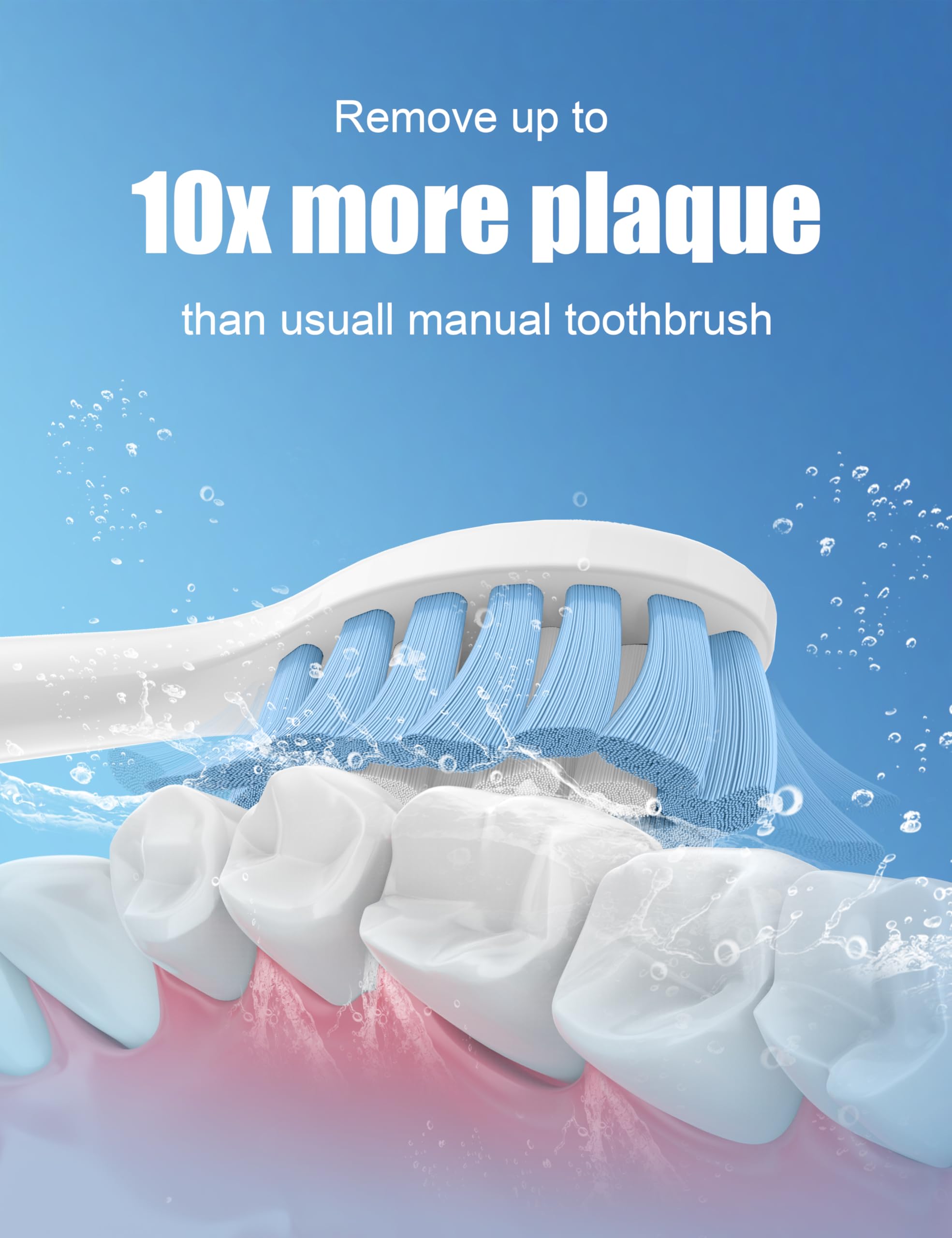 W-shaped Dupont bristles for deep, gentle cleaning