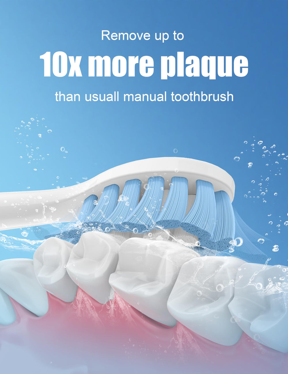 W-shaped Dupont bristles for deep, gentle cleaning